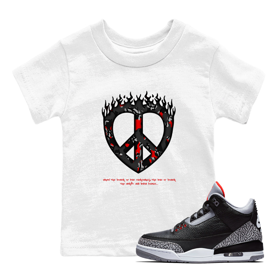 4s Black Cement shirts to match jordans Love Peace sneaker match tees Air Jordan 4 Black Cement match shoes to clothes Drip Gear Zone Youth Baby White 1 tee