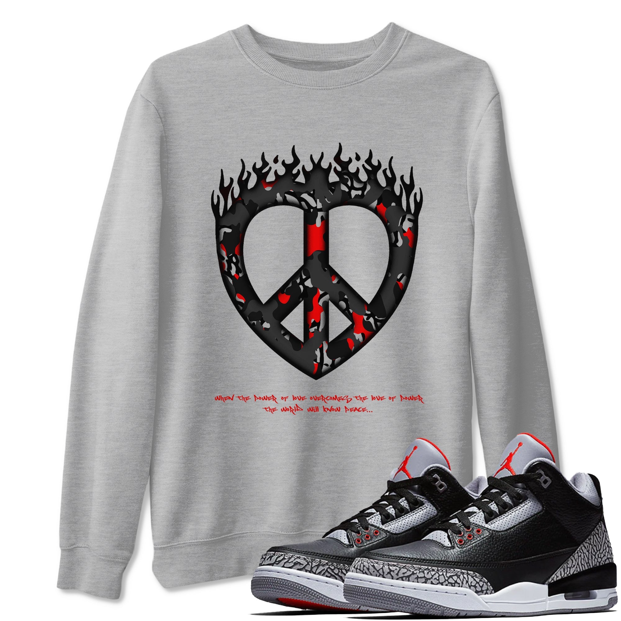 4s Black Cement shirts to match jordans Love Peace sneaker match tees Air Jordan 4 Black Cement match shoes to clothes Drip Gear Zone unisex cotton Heather Grey 1 shirts