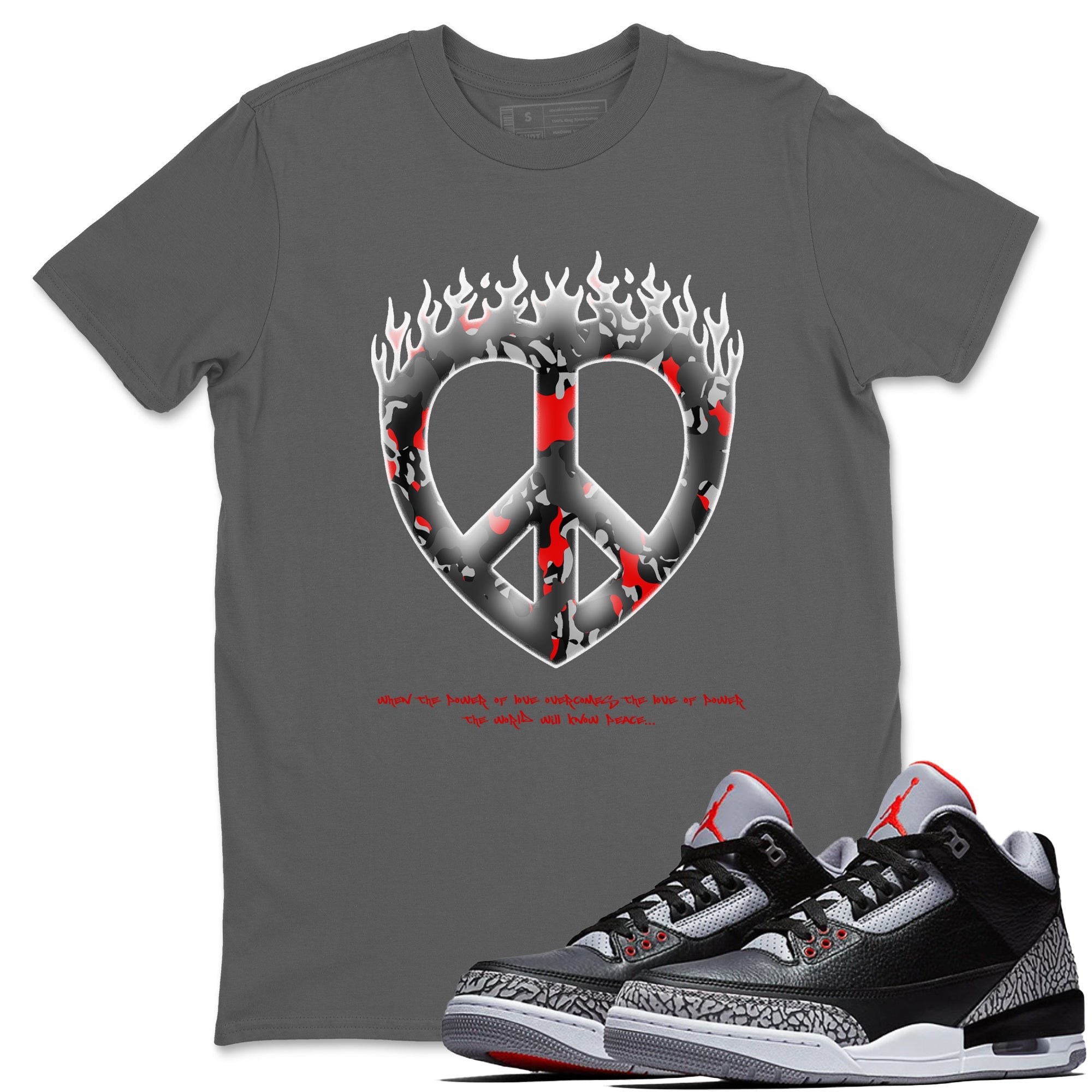 4s Black Cement shirts to match jordans Love Peace sneaker match tees Air Jordan 4 Black Cement match shoes to clothes Drip Gear Zone unisex cotton Cool Grey 1 shirts