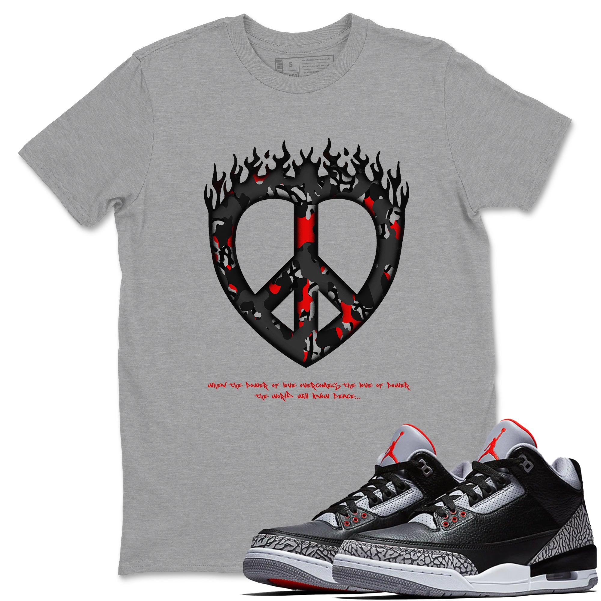 4s Black Cement shirts to match jordans Love Peace sneaker match tees Air Jordan 4 Black Cement match shoes to clothes Drip Gear Zone unisex cotton Heather Grey 1 shirts
