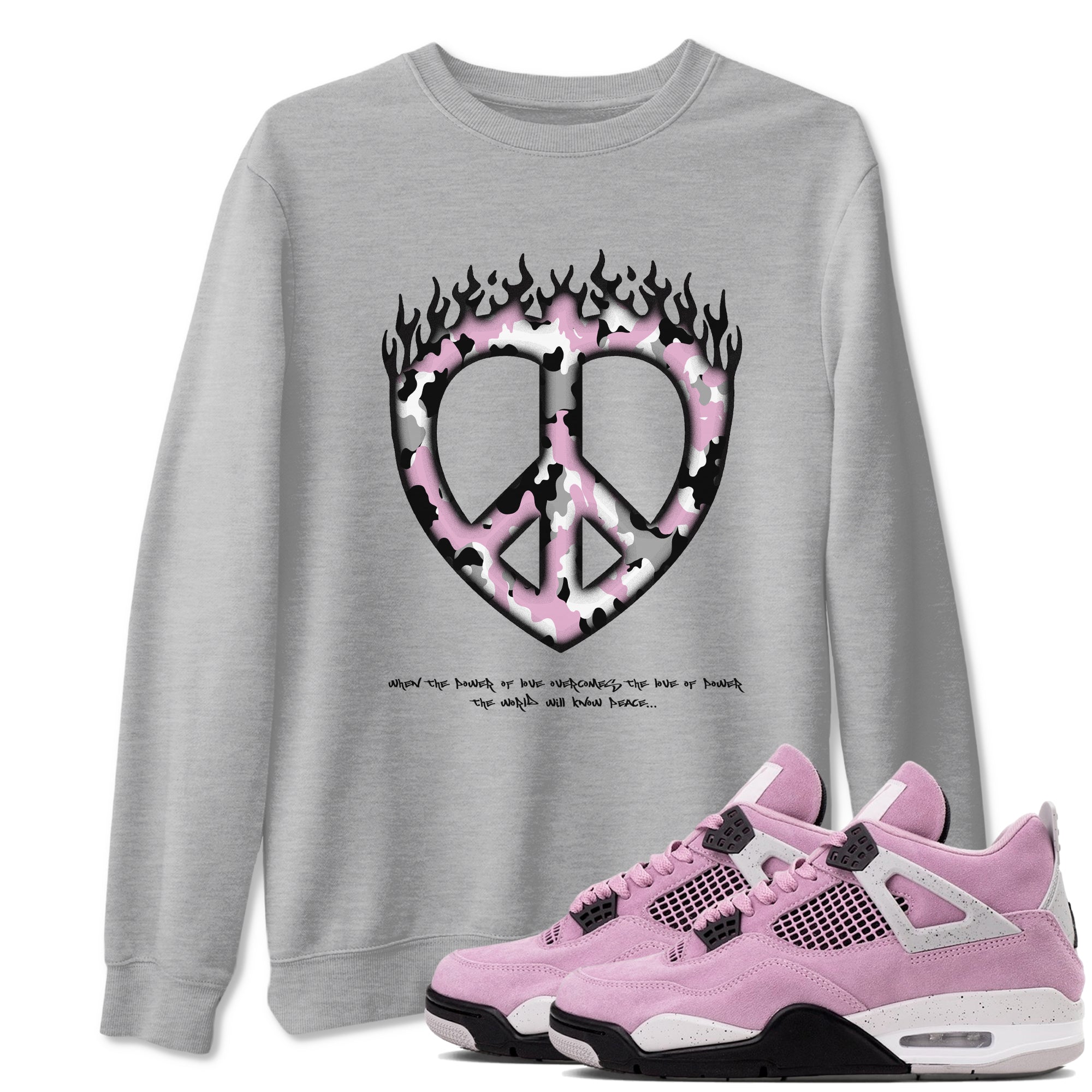 4s Retro Orchid shirts to match jordans Love Peace sneaker match tees Air Jordan 4 WMNS Orchid match shoes to clothes Drip Gear Zone unisex cotton Heather Grey 1 shirts
