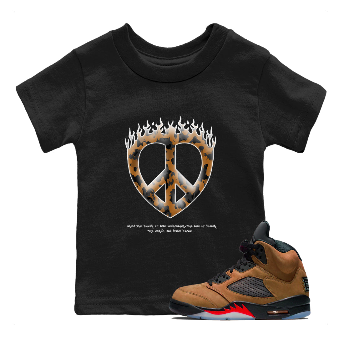 5s Archaeo Brown shirts to match jordans Love Peace sneaker match tees Air Jordan 5 Archaeo Brown match shoes to clothes Drip Gear Zone Youth Baby Black 1 tee