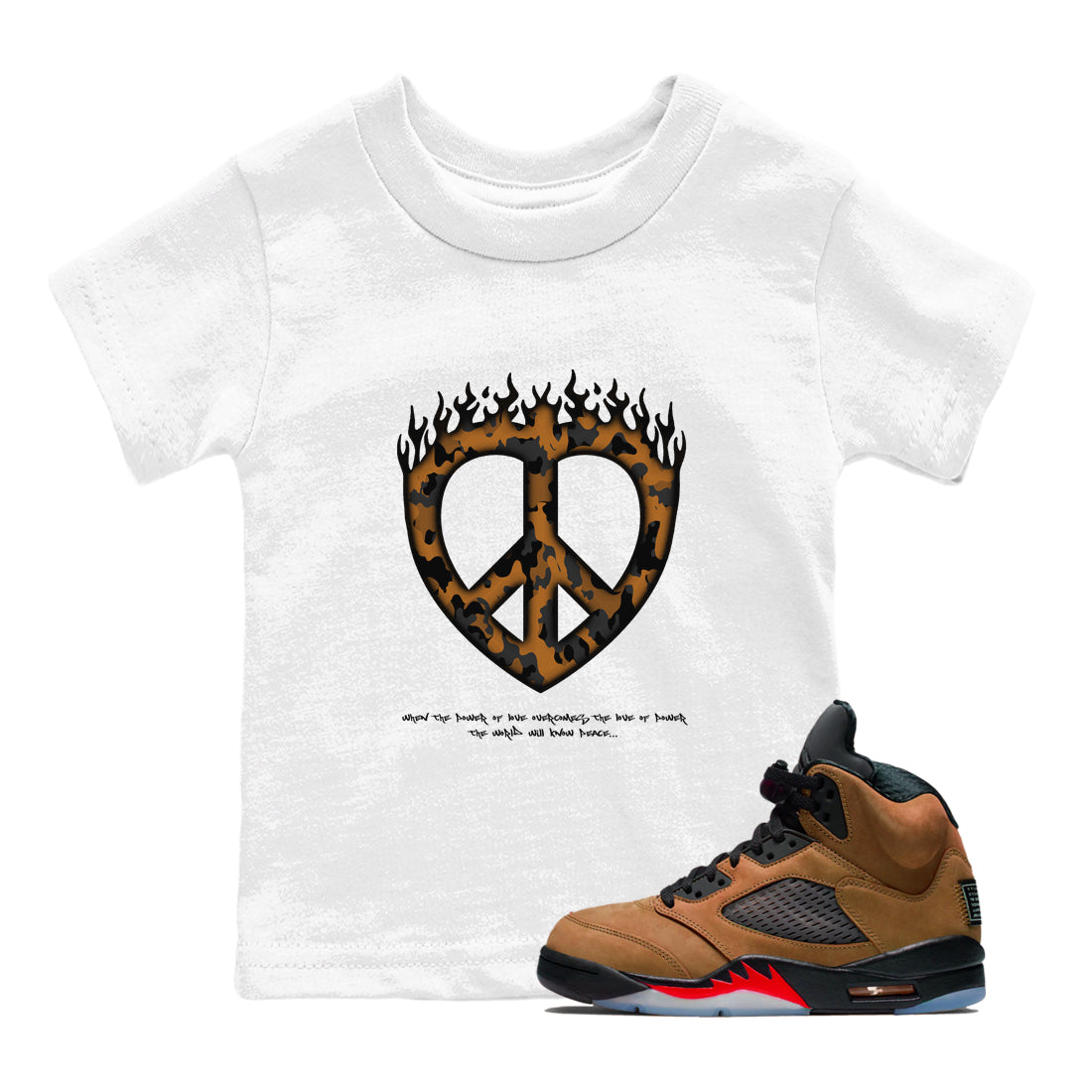 5s Archaeo Brown shirts to match jordans Love Peace sneaker match tees Air Jordan 5 Archaeo Brown match shoes to clothes Drip Gear Zone Youth Baby White 1 tee