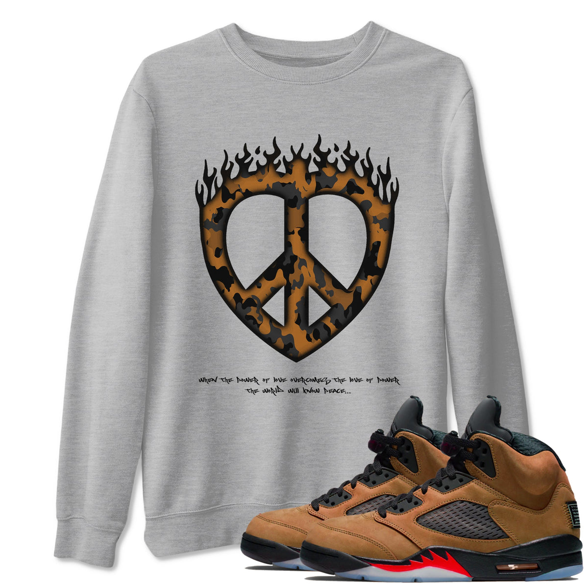 5s Archaeo Brown shirts to match jordans Love Peace sneaker match tees Air Jordan 5 Archaeo Brown match shoes to clothes Drip Gear Zone unisex cotton Heather Grey 1 shirts