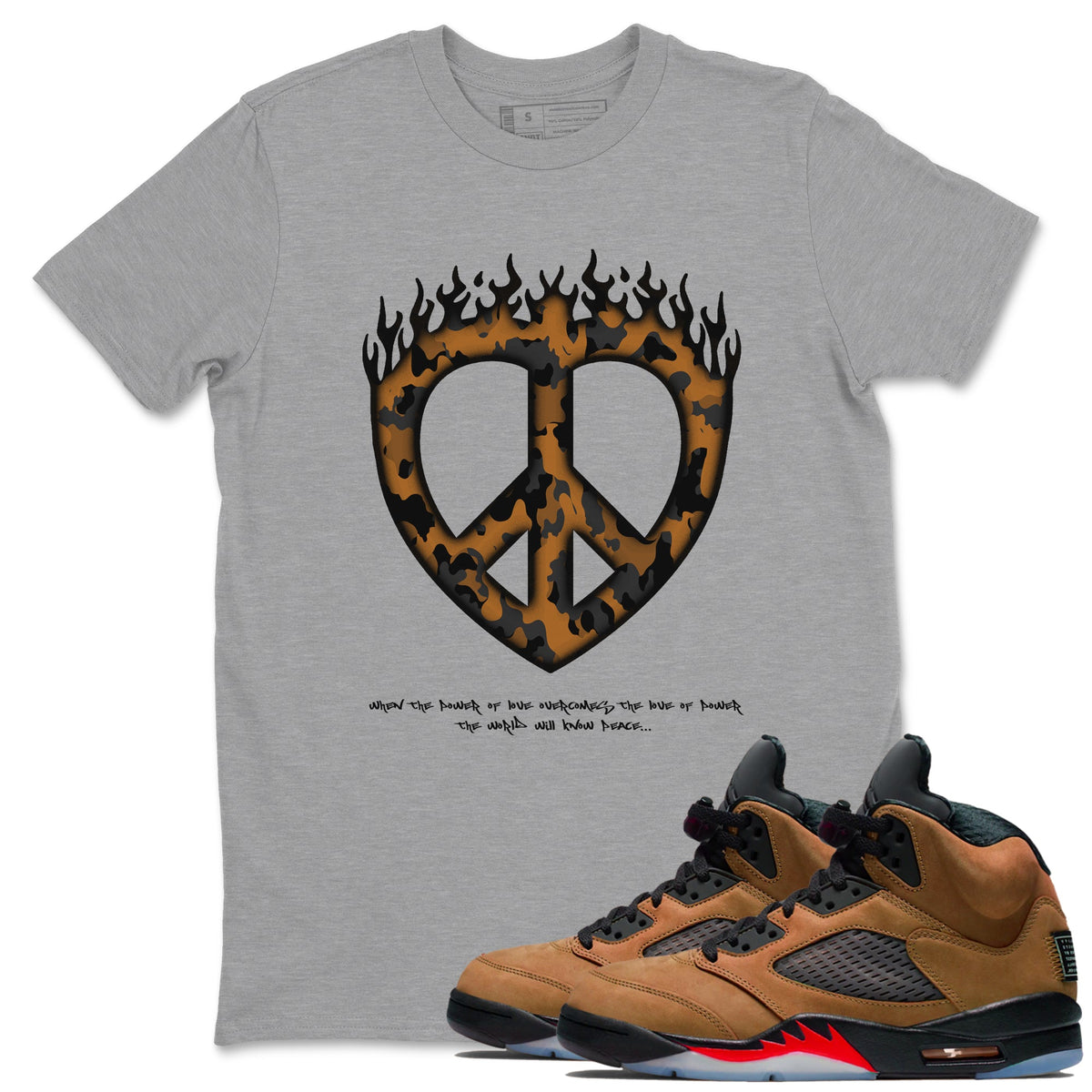 5s Archaeo Brown shirts to match jordans Love Peace sneaker match tees Air Jordan 5 Archaeo Brown match shoes to clothes Drip Gear Zone unisex cotton Heather Grey 1 shirts