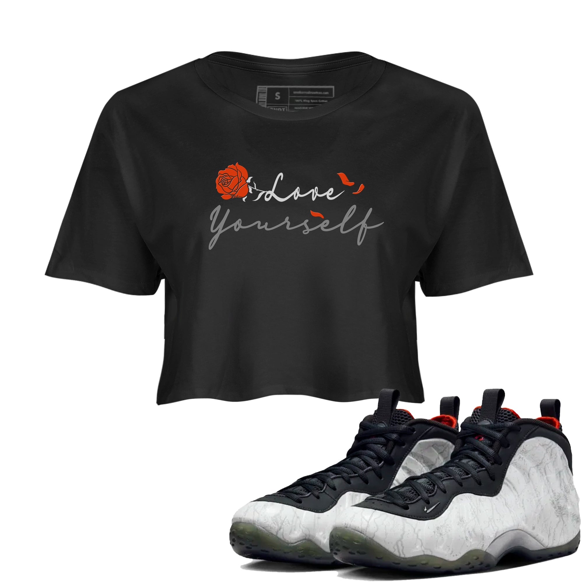 Foams One Jin shirts to match jordans Love Yourself sneaker match tees Foams One Jin match shoes to clothes Drip Gear Zone unisex cotton Black 1 crop tee