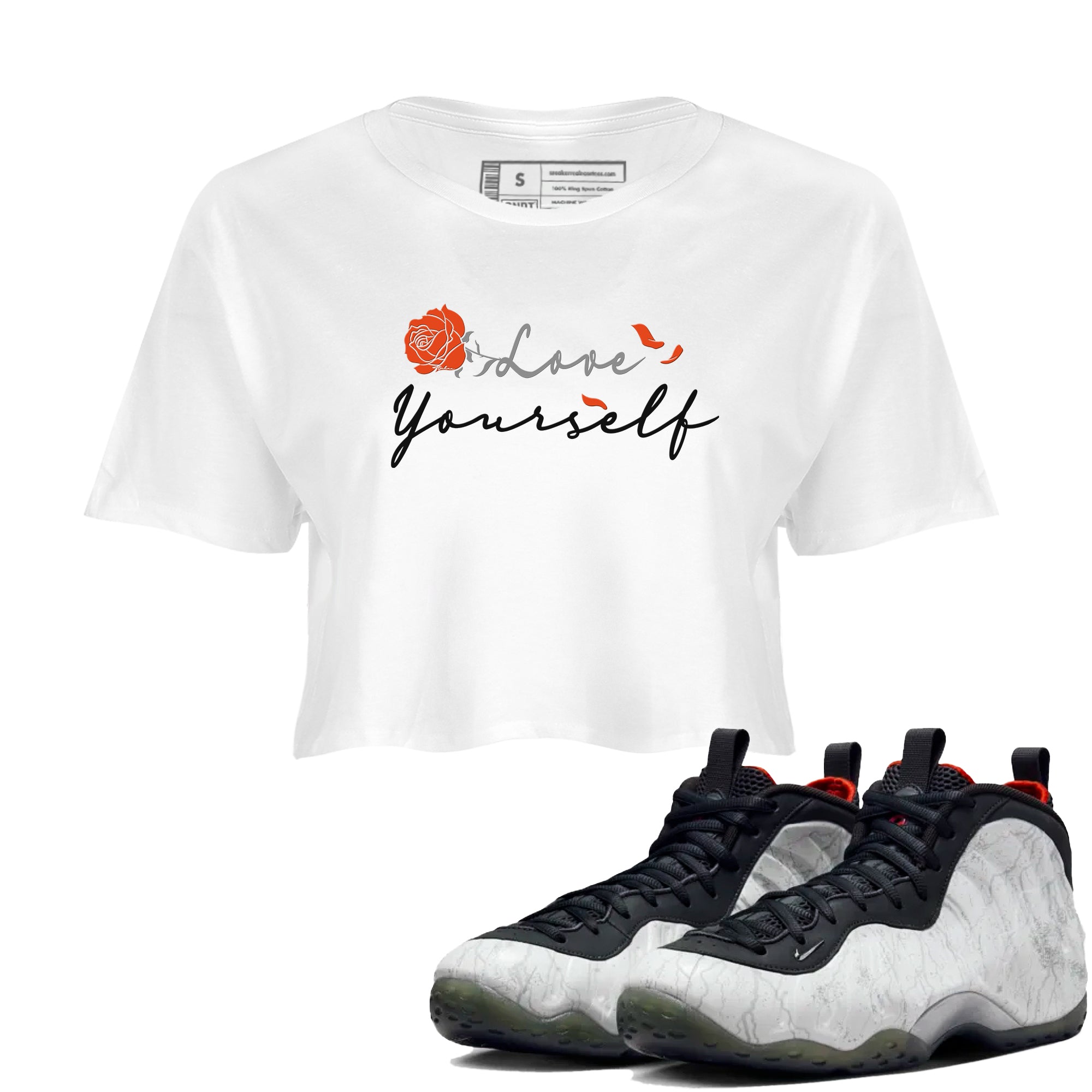 Foams One Jin shirts to match jordans Love Yourself sneaker match tees Foams One Jin match shoes to clothes Drip Gear Zone unisex cotton White 1 crop tee