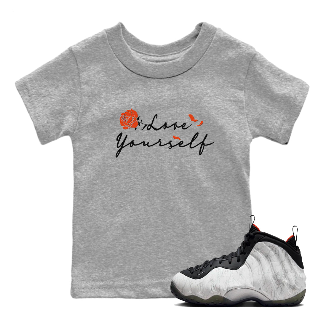 Foams One Jin shirts to match jordans Love Yourself sneaker match tees Foams One Jin match shoes to clothes Drip Gear Zone Youth Baby Heather Grey 1 tee
