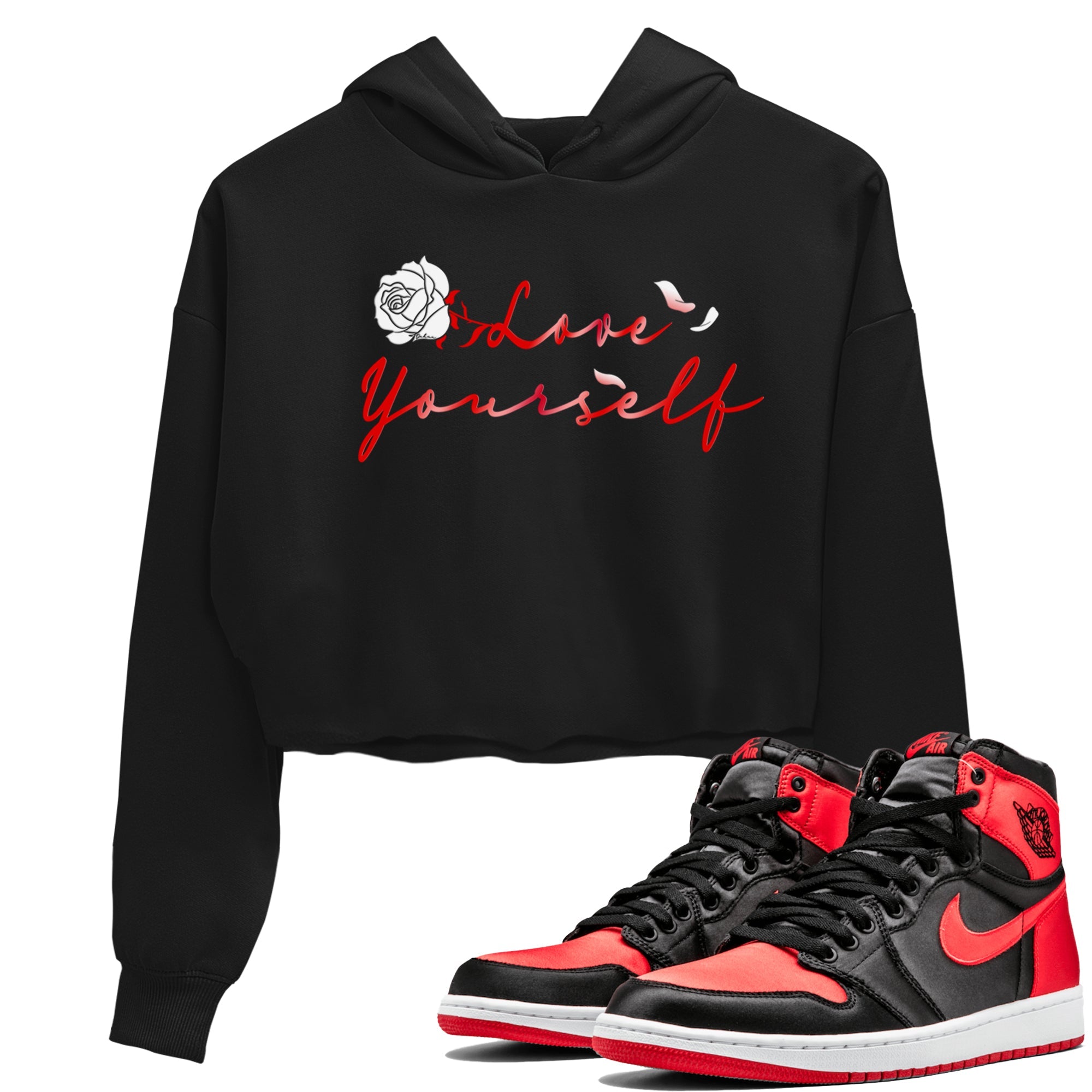 Jordan 1 High OG Satin Bred shirt to match jordans Love Yourself sneaker tees Air Jordan 1 Satin Bred Drip Gear Zone Casual Crew Neck T-Shirt Black 1 Crop T-Shirt