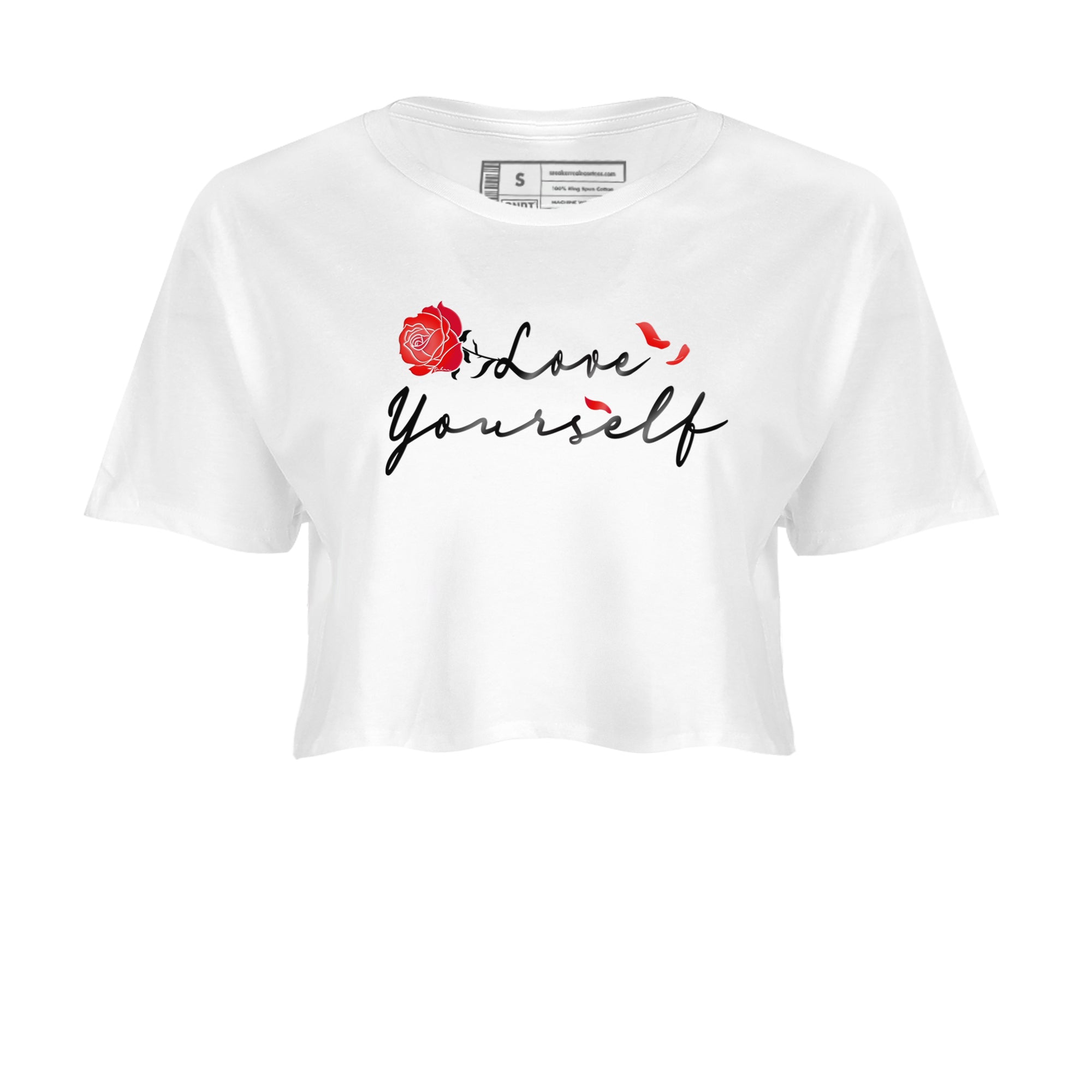 Jordan 1 High OG Satin Bred shirt to match jordans Love Yourself sneaker tees Air Jordan 1 Satin Bred Drip Gear Zone Casual Crew Neck T-Shirt White 2 Crop T-Shirt