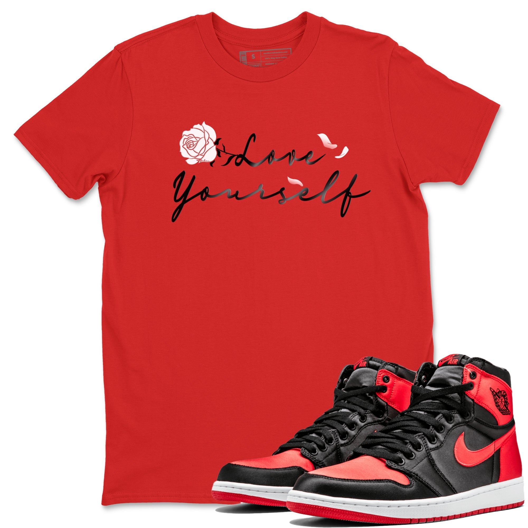 Jordan 1 High OG Satin Bred shirt to match jordans Love Yourself sneaker tees Air Jordan 1 Satin Bred Drip Gear Zone Casual Crew Neck T-Shirt Unisex Red 1 T-Shirt