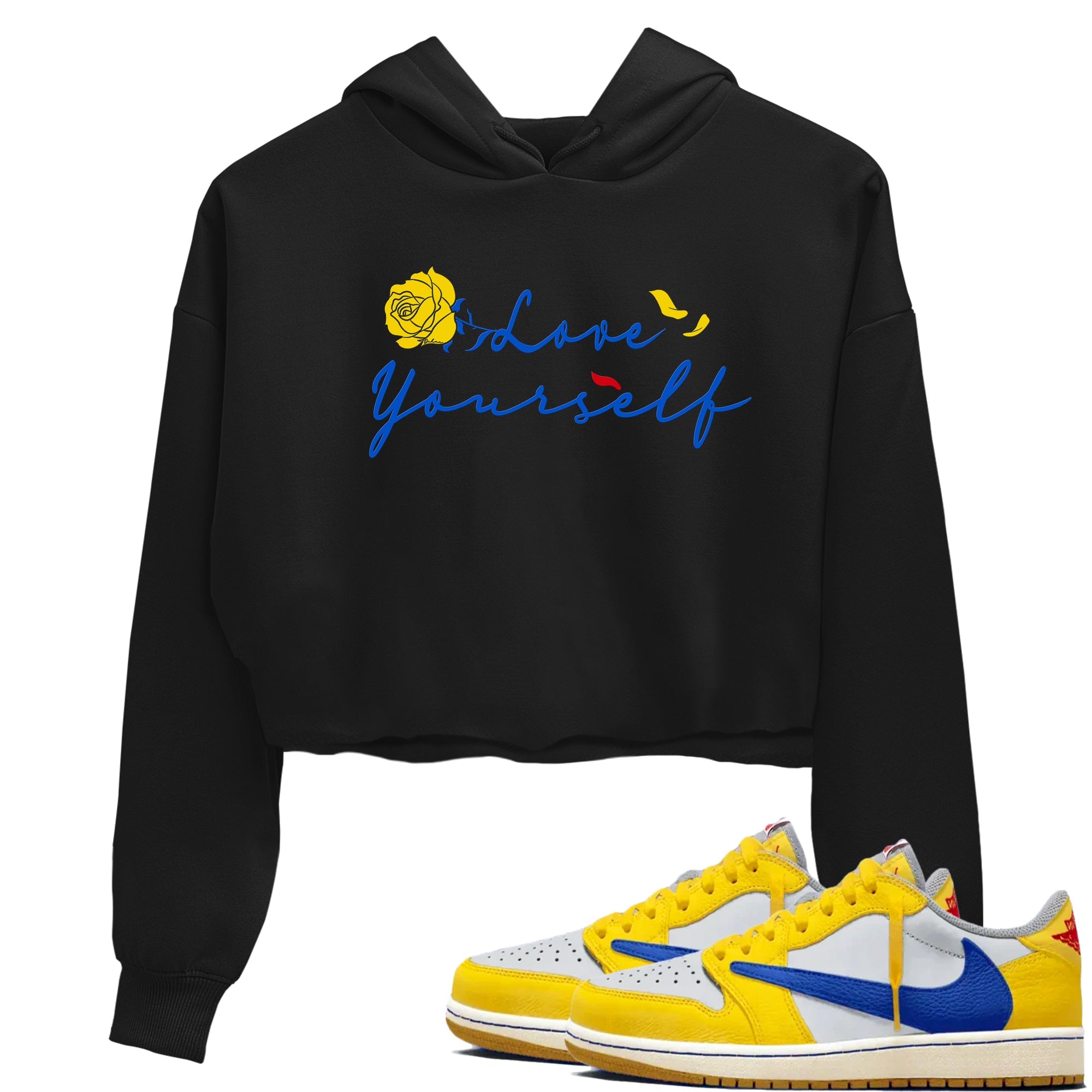 AJ1 Travis Scott Canary shirt to match jordans Love Yourself sneaker tees Air Jordan 1 Travis Scott Canary Drip Gear Zone Black 1 crop length shirt
