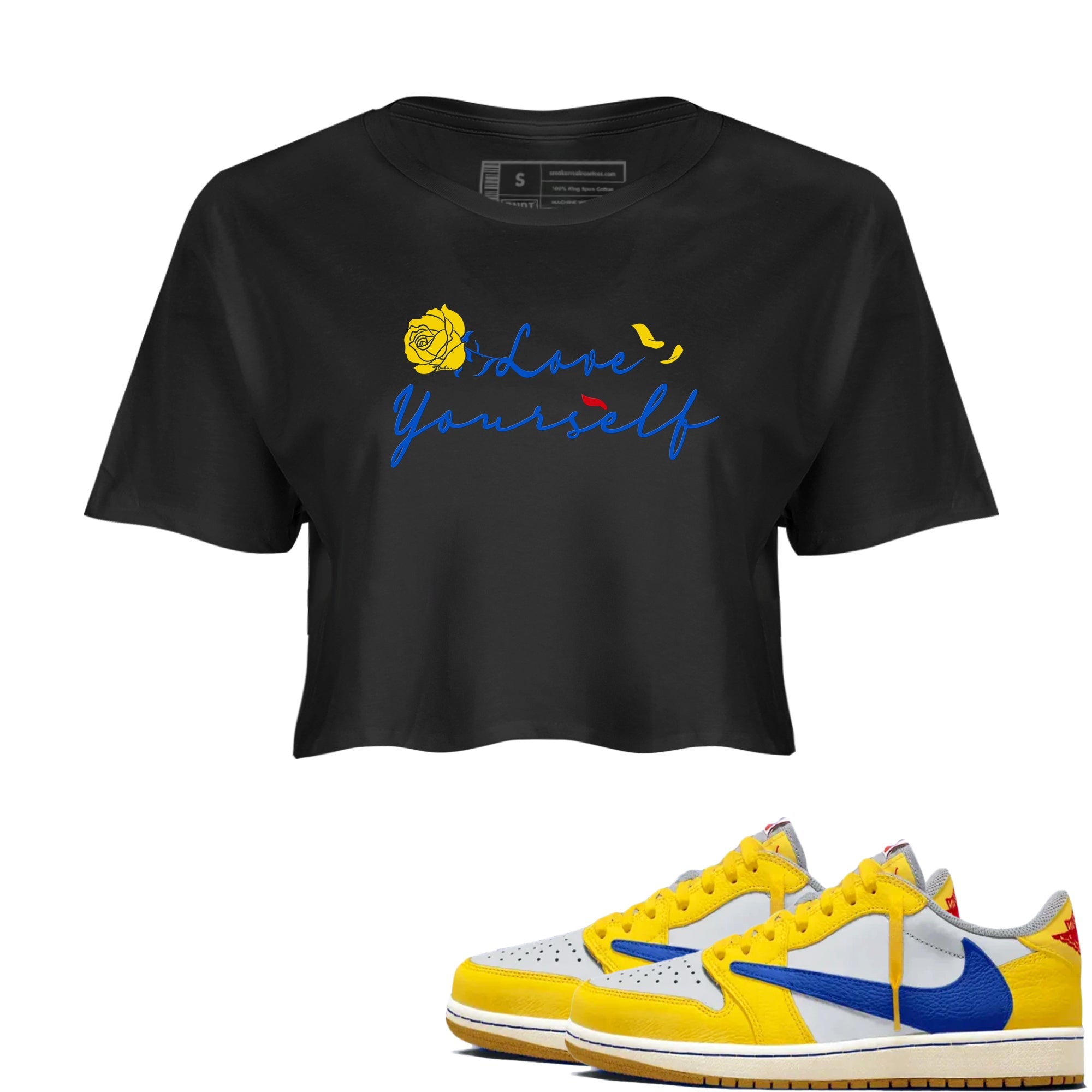 AJ1 Travis Scott Canary shirt to match jordans Love Yourself sneaker tees Air Jordan 1 Travis Scott Canary Drip Gear Zone Black 1 crop length shirt