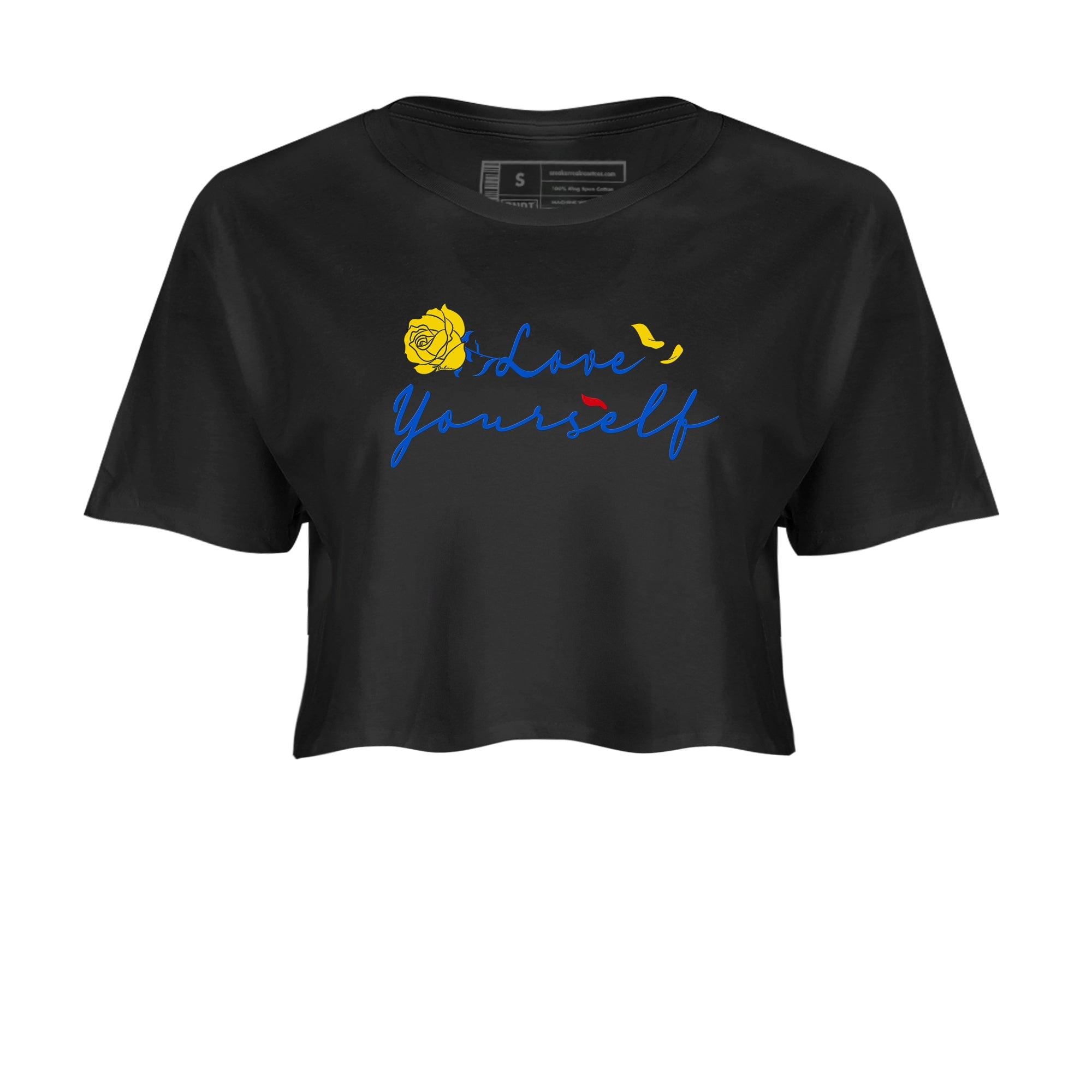 AJ1 Travis Scott Canary shirt to match jordans Love Yourself sneaker tees Air Jordan 1 Travis Scott Canary Drip Gear Zone Black 2 crop length shirt