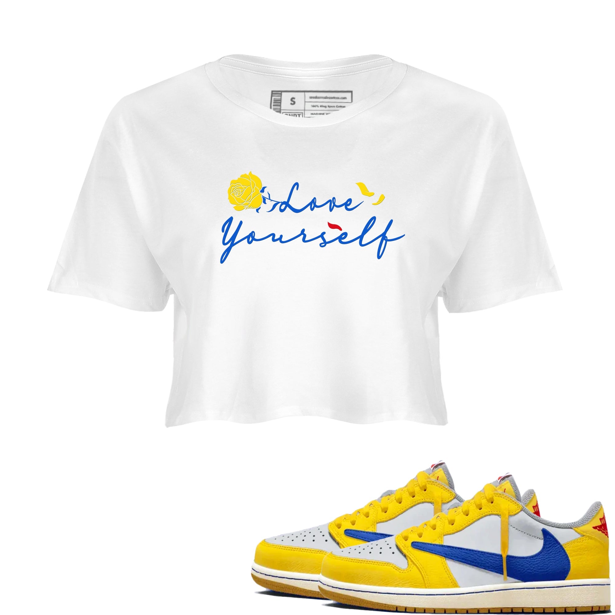 AJ1 Travis Scott Canary shirt to match jordans Love Yourself sneaker tees Air Jordan 1 Travis Scott Canary Drip Gear Zone White 1 crop length shirt