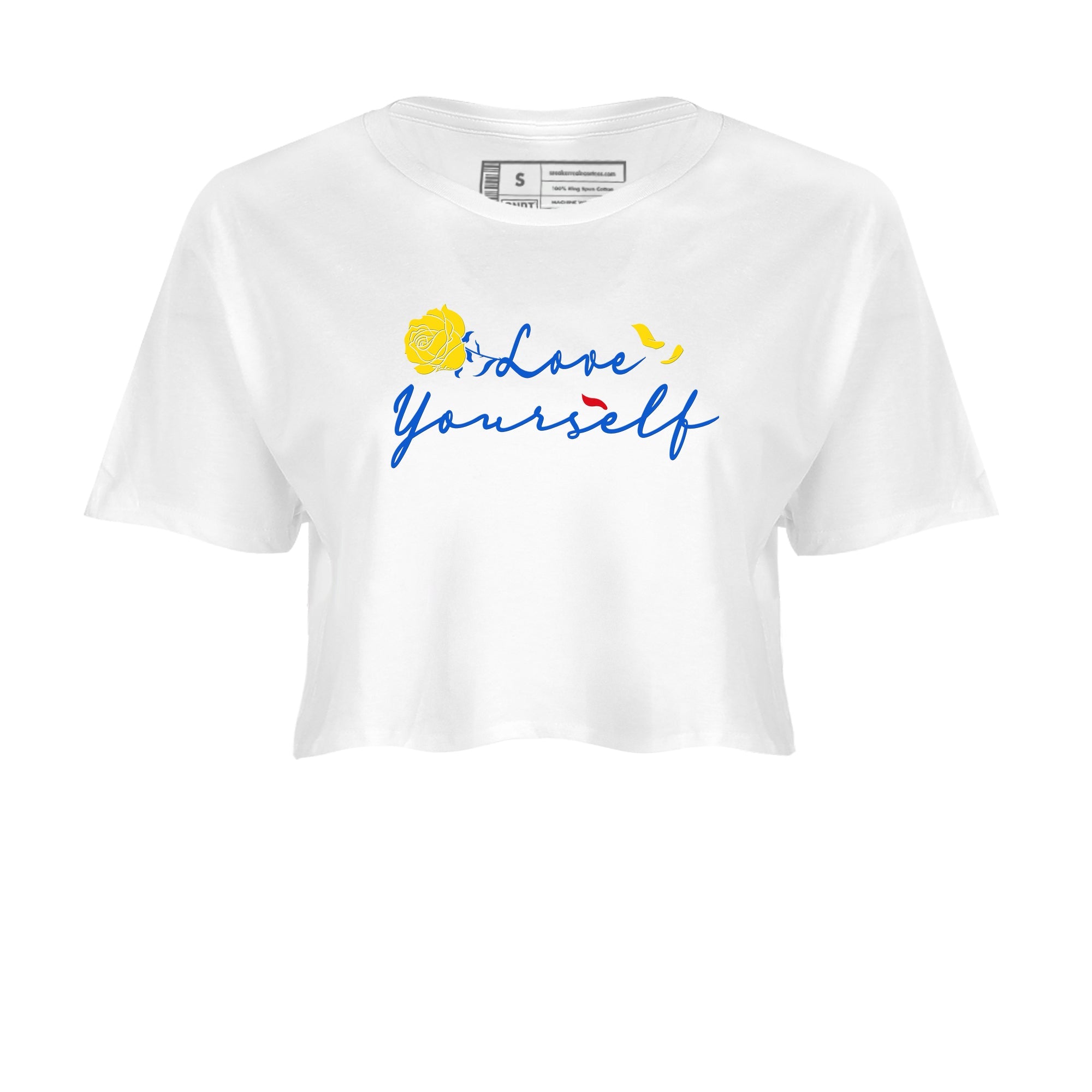 AJ1 Travis Scott Canary shirt to match jordans Love Yourself sneaker tees Air Jordan 1 Travis Scott Canary Drip Gear Zone White 2 crop length shirt