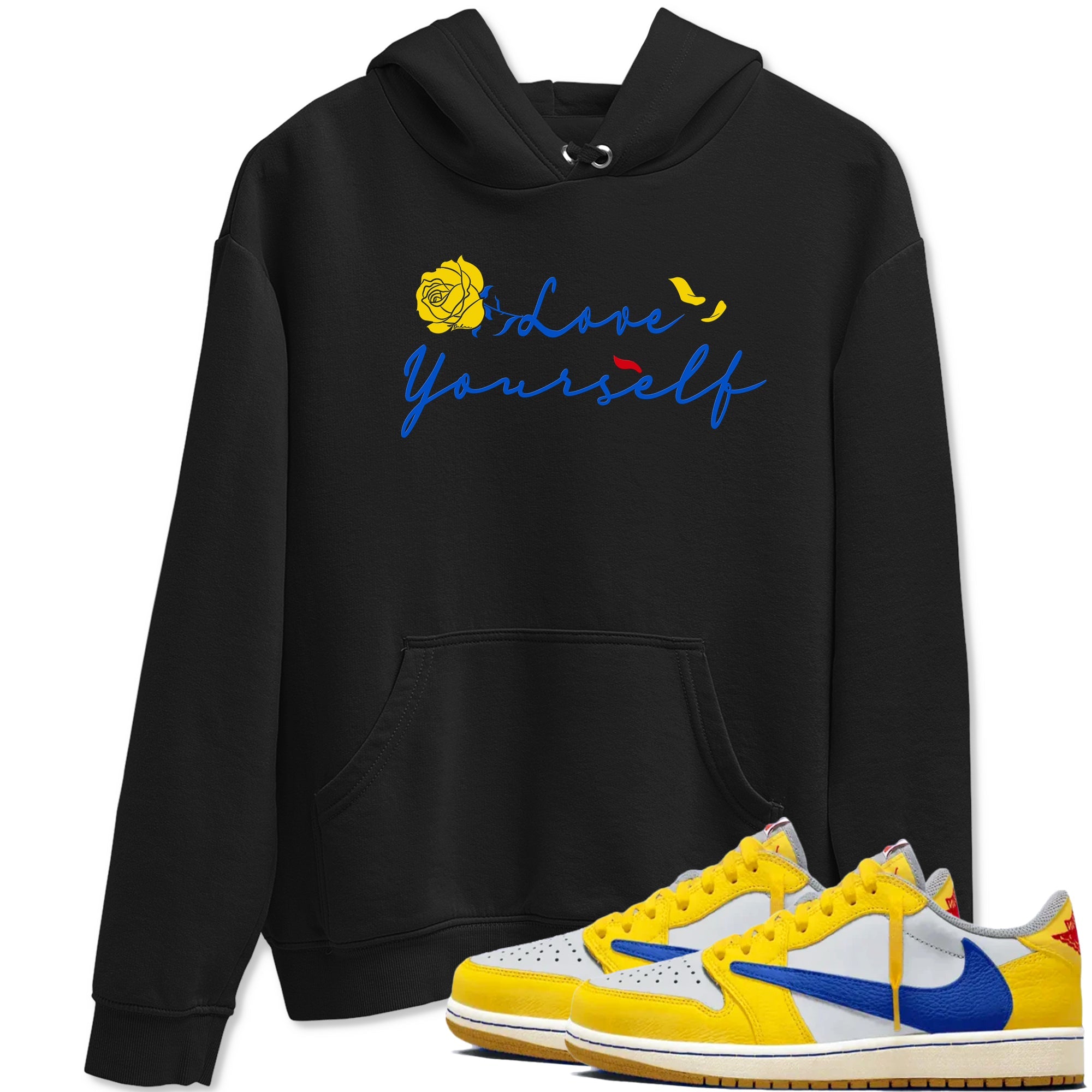 AJ1 Travis Scott Canary shirt to match jordans Love Yourself sneaker tees Air Jordan 1 Travis Scott Canary Drip Gear Zone unisex cotton Black 1 crew neck shirt