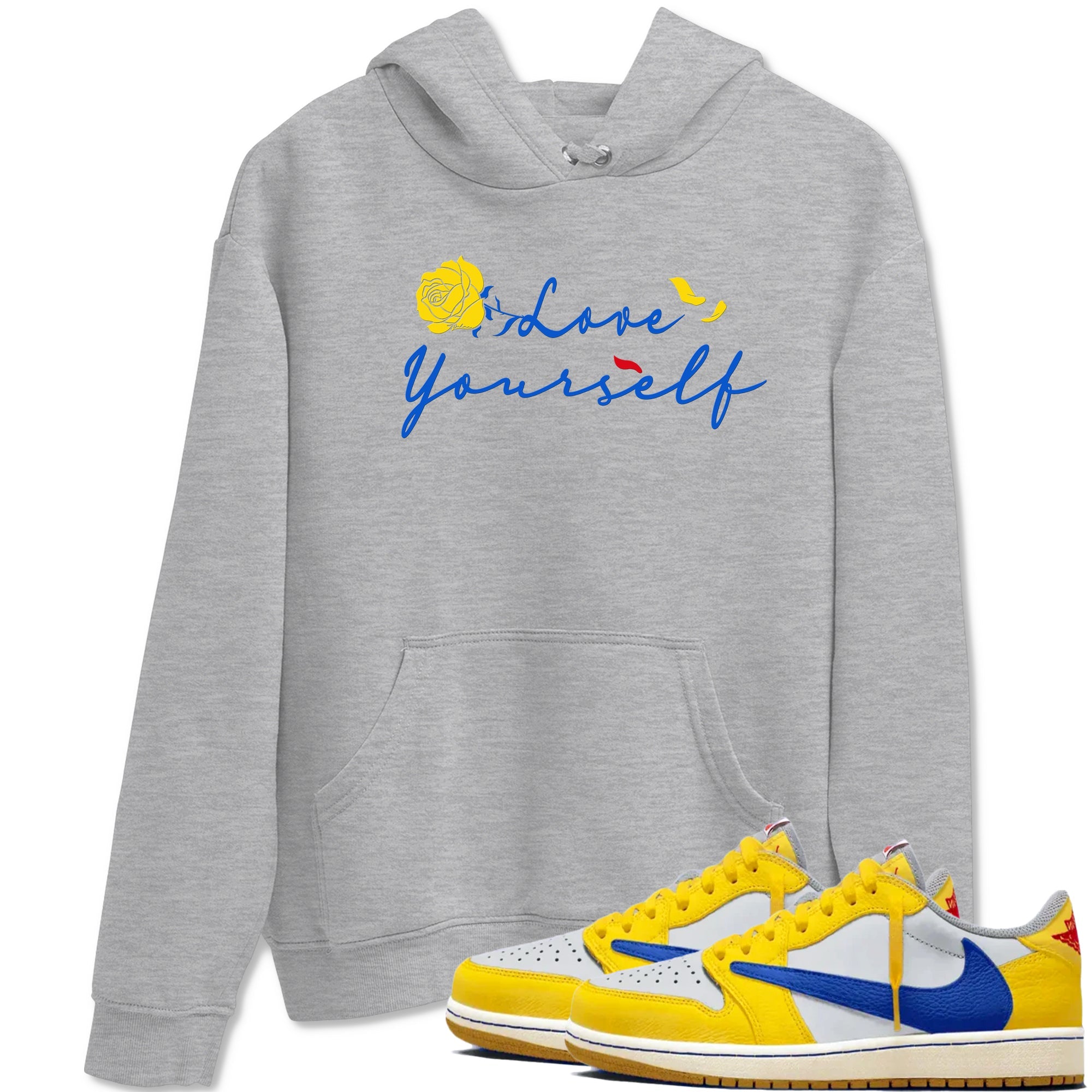 AJ1 Travis Scott Canary shirt to match jordans Love Yourself sneaker tees Air Jordan 1 Travis Scott Canary Drip Gear Zone unisex cotton Heather Grey 1 crew neck shirt
