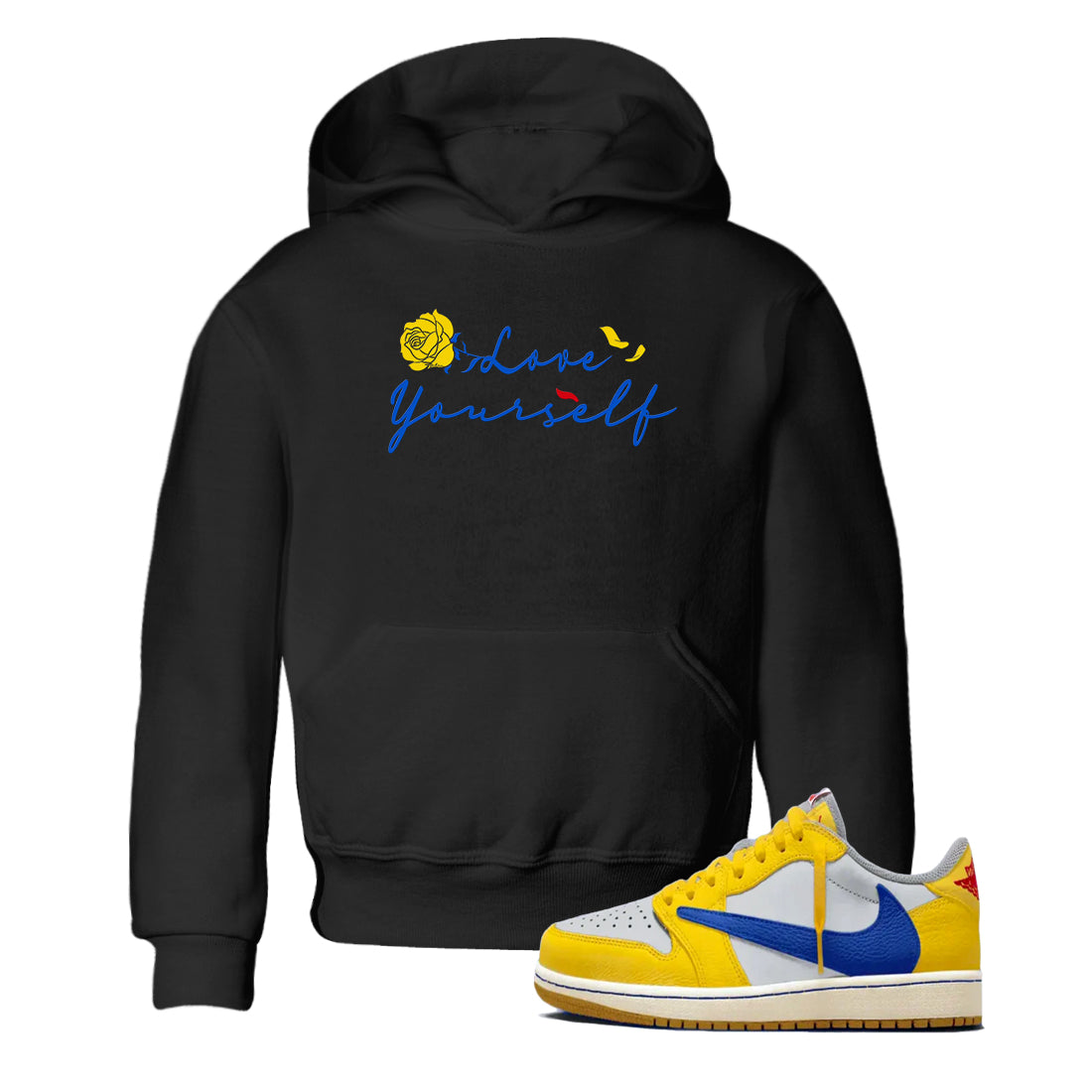 AJ1 Travis Scott Canary shirt to match jordans Love Yourself sneaker tees Air Jordan 1 Travis Scott Canary Drip Gear Zone baby toddler Black 1 cotton Shirt