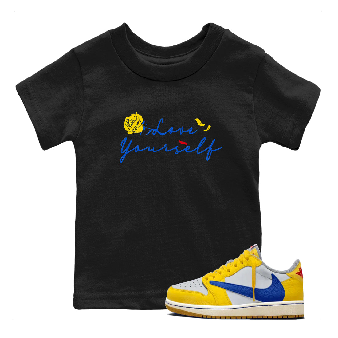 AJ1 Travis Scott Canary shirt to match jordans Love Yourself sneaker tees Air Jordan 1 Travis Scott Canary Drip Gear Zone baby toddler Black 1 cotton Shirt