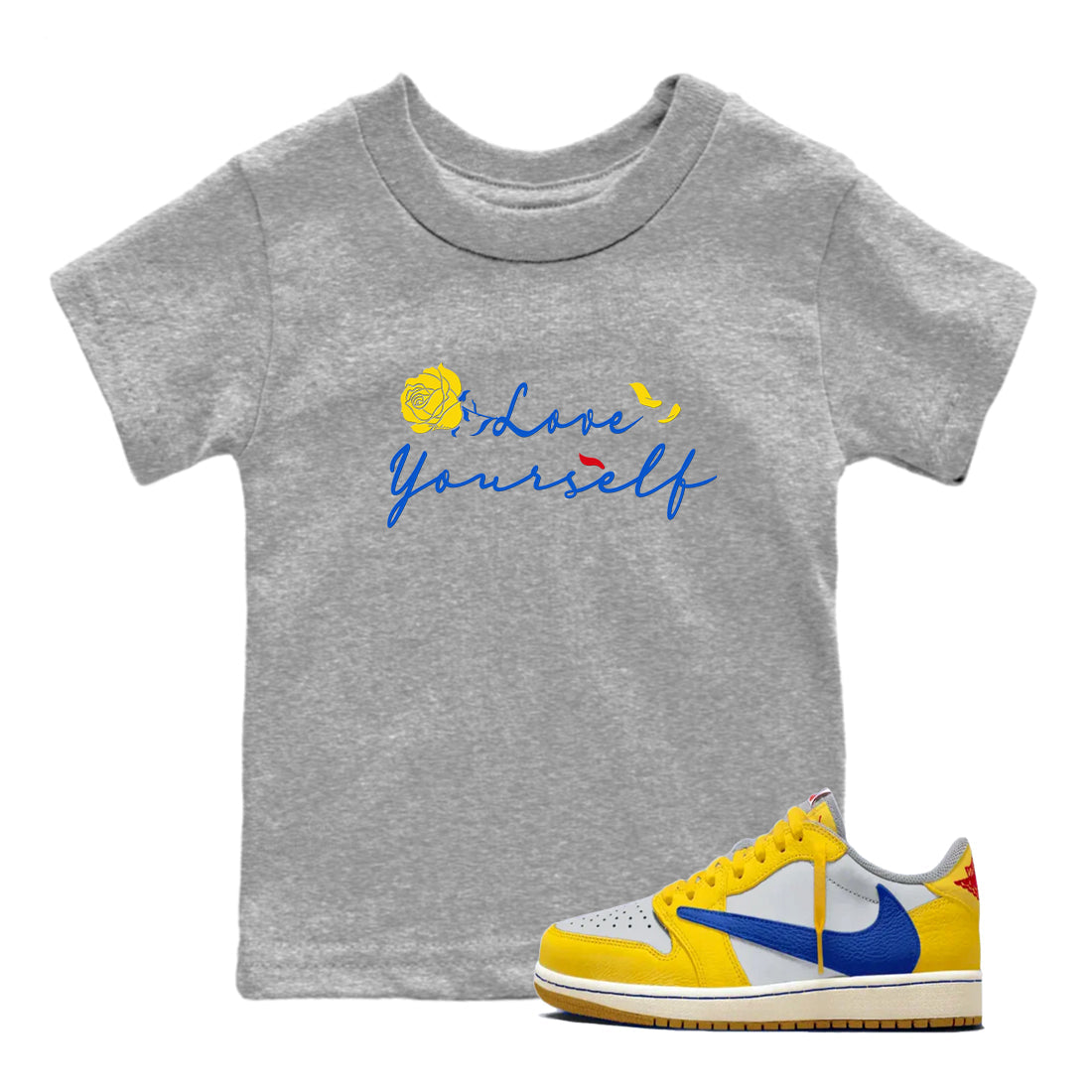AJ1 Travis Scott Canary shirt to match jordans Love Yourself sneaker tees Air Jordan 1 Travis Scott Canary Drip Gear Zone baby toddler Heather Grey 1 cotton Shirt