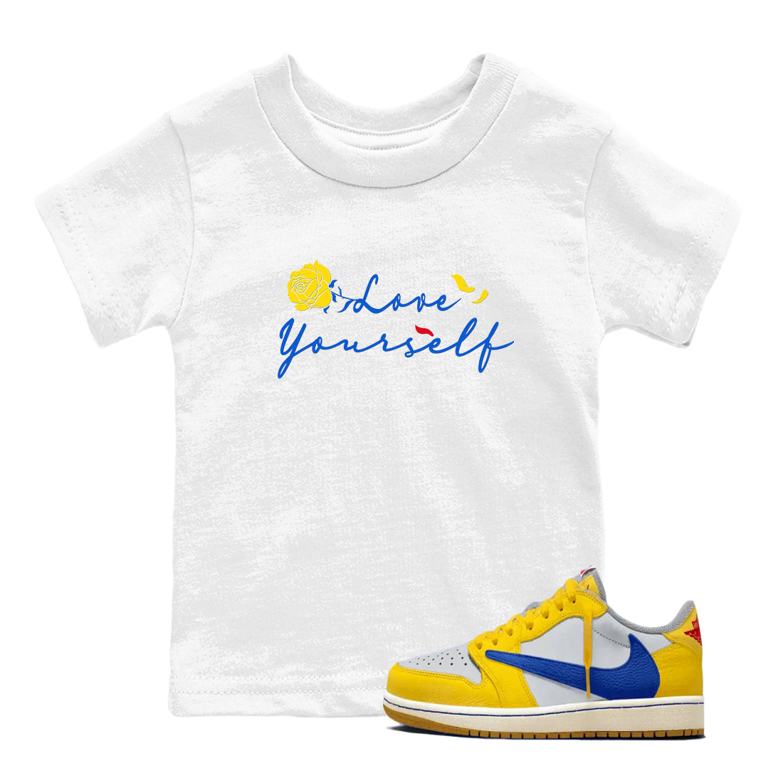 AJ1 Travis Scott Canary shirt to match jordans Love Yourself sneaker tees Air Jordan 1 Travis Scott Canary Drip Gear Zone baby toddler White 1 cotton Shirt
