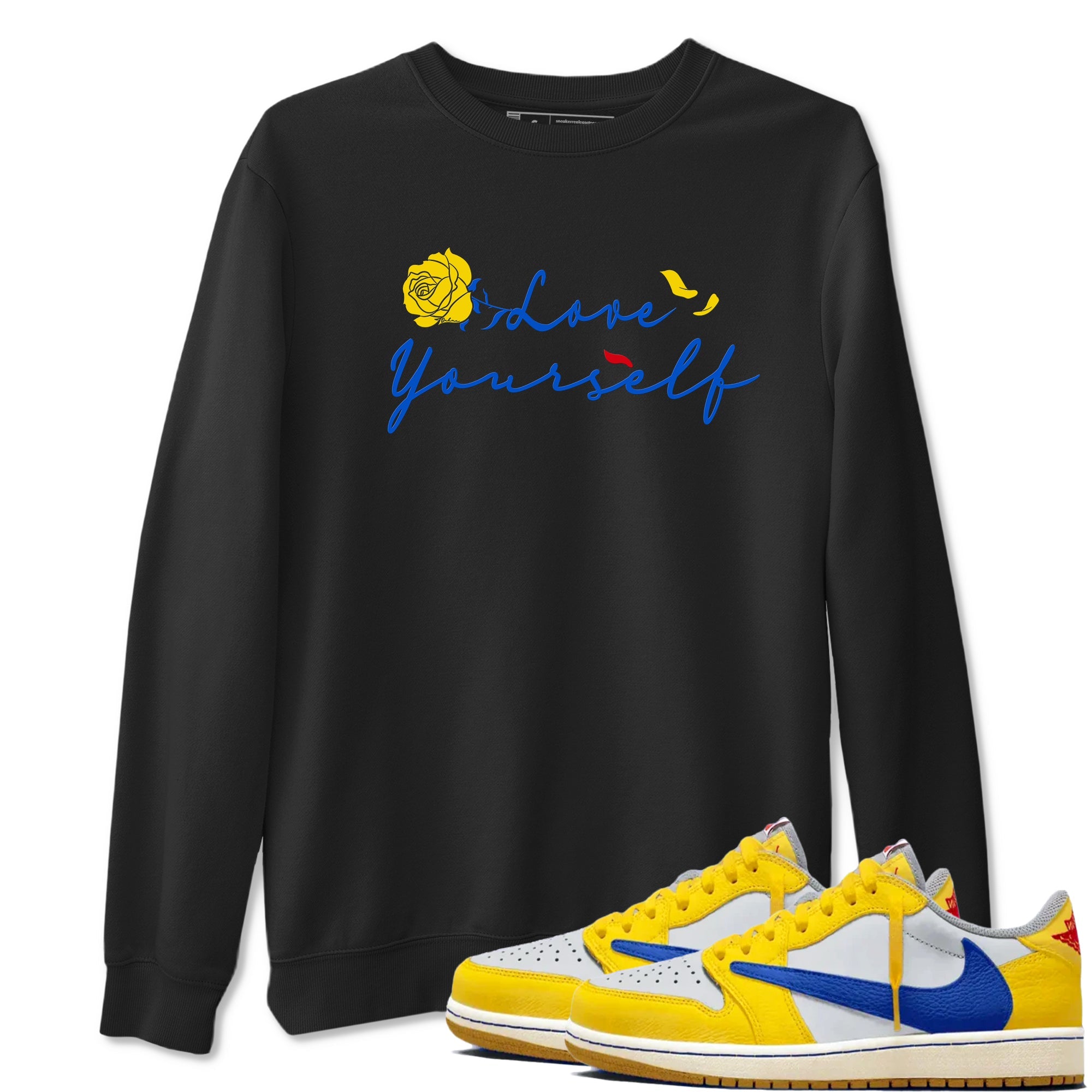 AJ1 Travis Scott Canary shirt to match jordans Love Yourself sneaker tees Air Jordan 1 Travis Scott Canary Drip Gear Zone unisex cotton Black 1 crew neck shirt