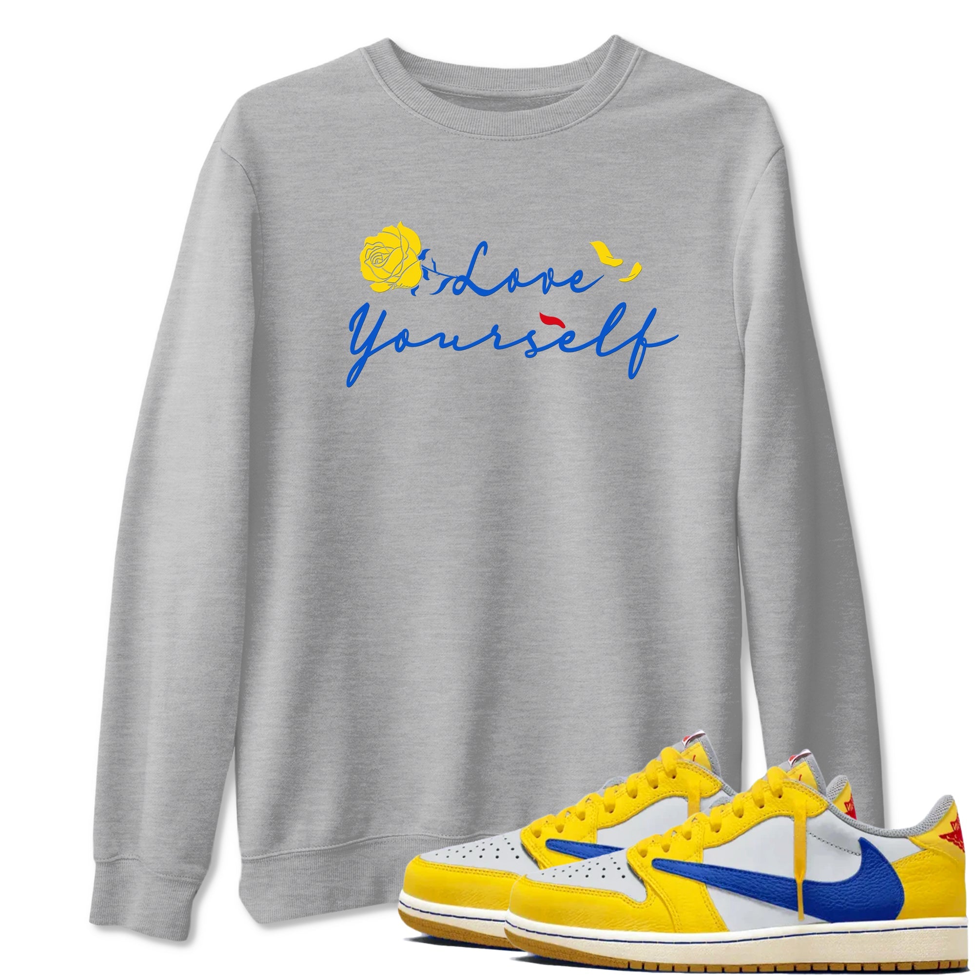 AJ1 Travis Scott Canary shirt to match jordans Love Yourself sneaker tees Air Jordan 1 Travis Scott Canary Drip Gear Zone unisex cotton Heather Grey 1 crew neck shirt