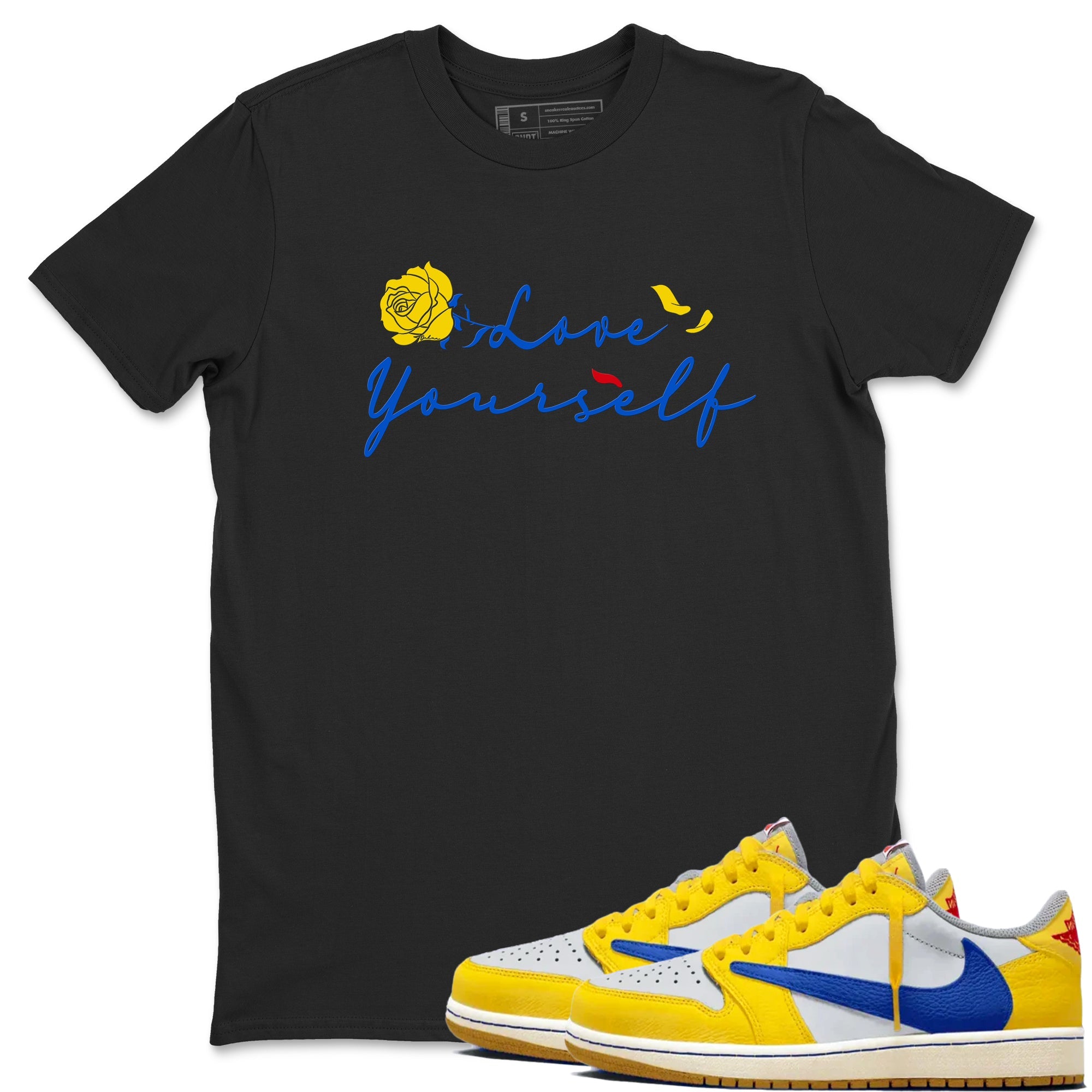 AJ1 Travis Scott Canary shirt to match jordans Love Yourself sneaker tees Air Jordan 1 Travis Scott Canary Drip Gear Zone unisex cotton Black 1 crew neck shirt