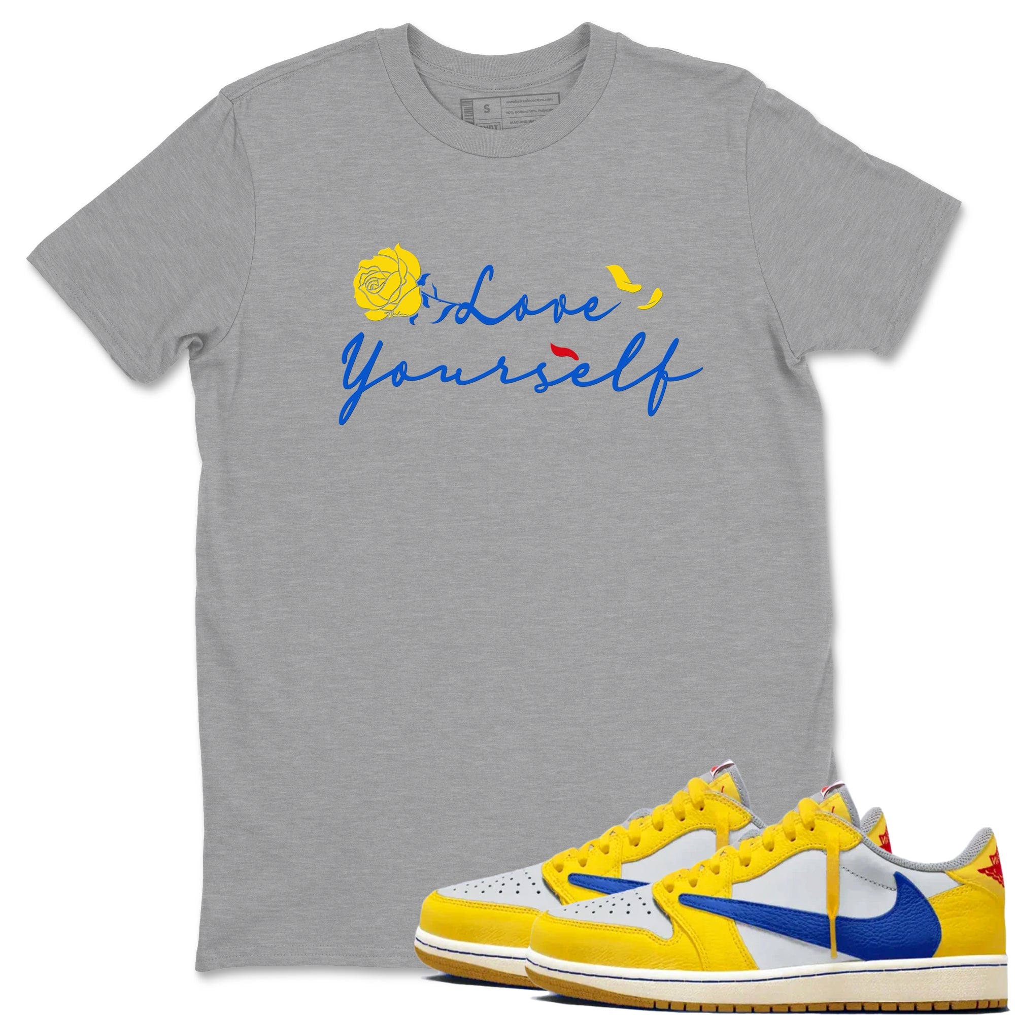 AJ1 Travis Scott Canary shirt to match jordans Love Yourself sneaker tees Air Jordan 1 Travis Scott Canary Drip Gear Zone unisex cotton Heather Grey 1 crew neck shirt