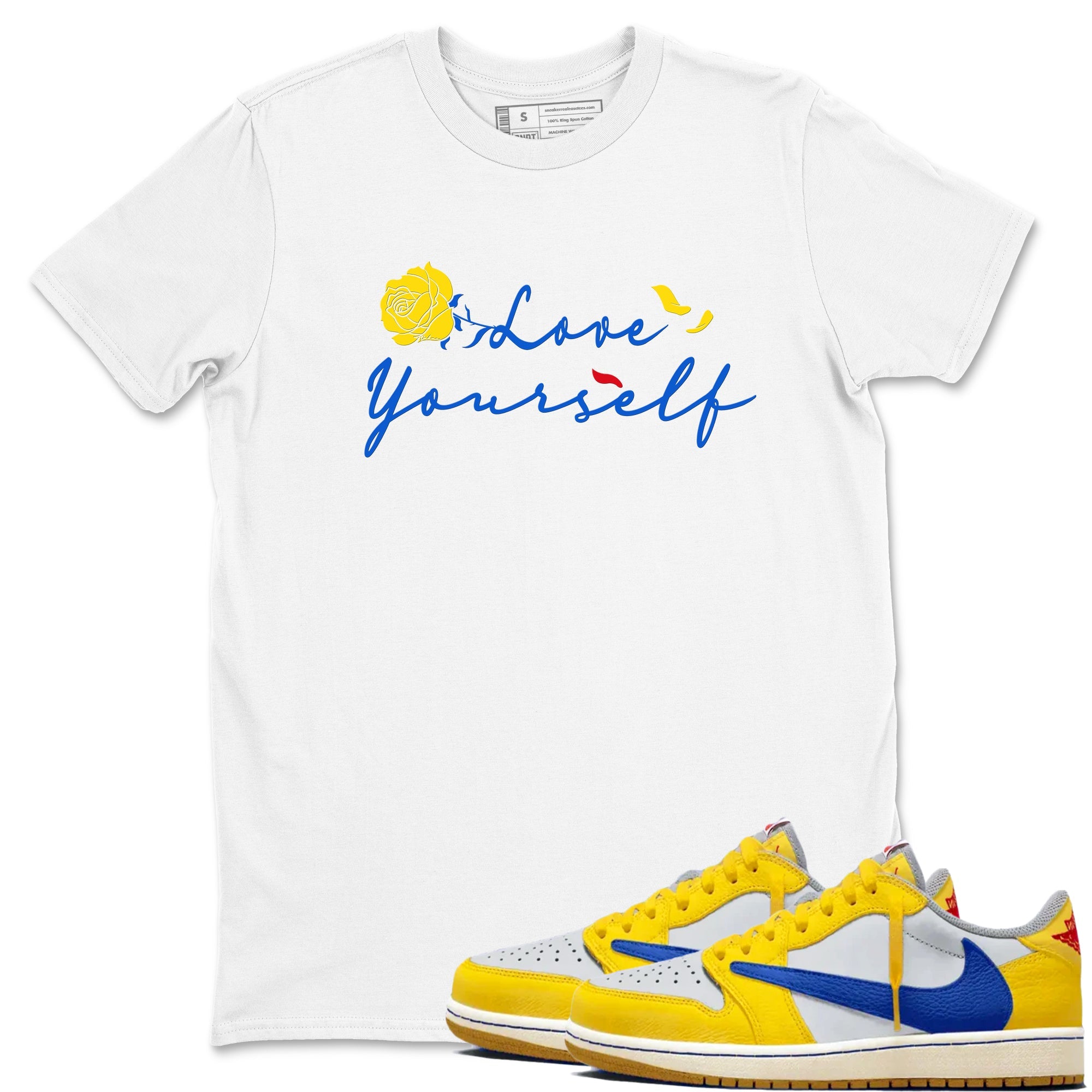 AJ1 Travis Scott Canary shirt to match jordans Love Yourself sneaker tees Air Jordan 1 Travis Scott Canary Drip Gear Zone unisex cotton White 1 crew neck shirt