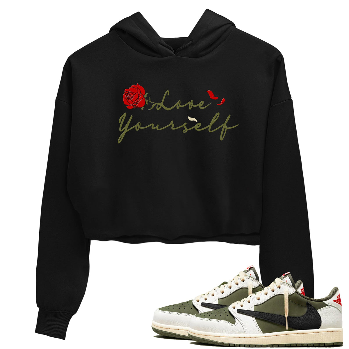 1s Travis Scott Medium Olive shirts to match jordans Love Yourself sneaker match tees Air Jordan 1 Travis Scott Medium Olive match shoes to clothes Drip Gear Zone unisex cotton Black 1 crop tee