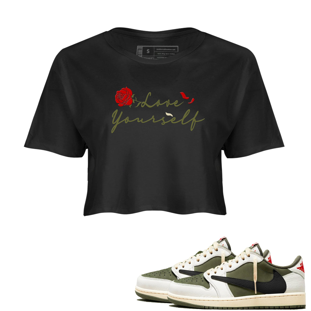 1s Travis Scott Medium Olive shirts to match jordans Love Yourself sneaker match tees Air Jordan 1 Travis Scott Medium Olive match shoes to clothes Drip Gear Zone unisex cotton Black 1 crop tee
