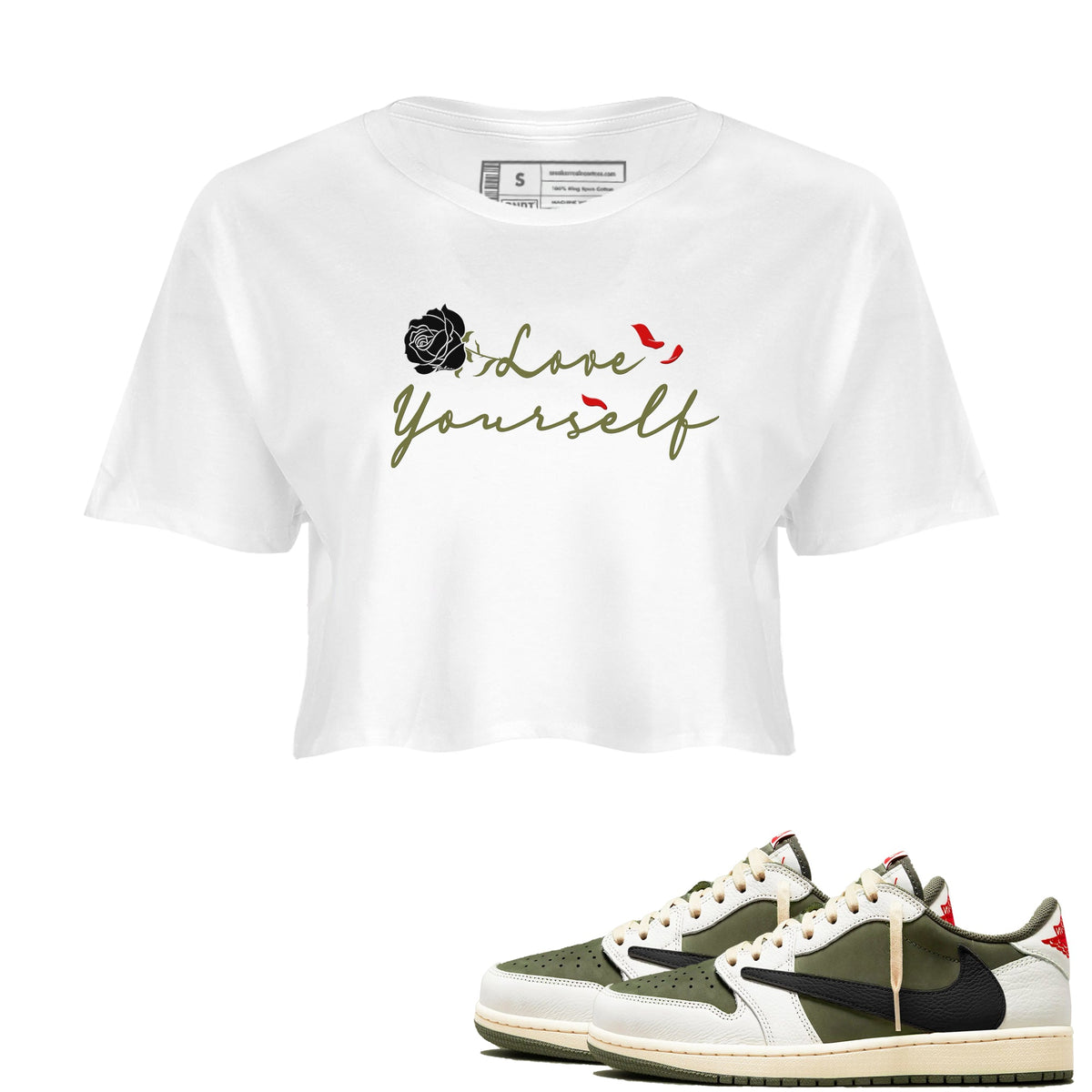 1s Travis Scott Medium Olive shirts to match jordans Love Yourself sneaker match tees Air Jordan 1 Travis Scott Medium Olive match shoes to clothes Drip Gear Zone unisex cotton White 1 crop tee