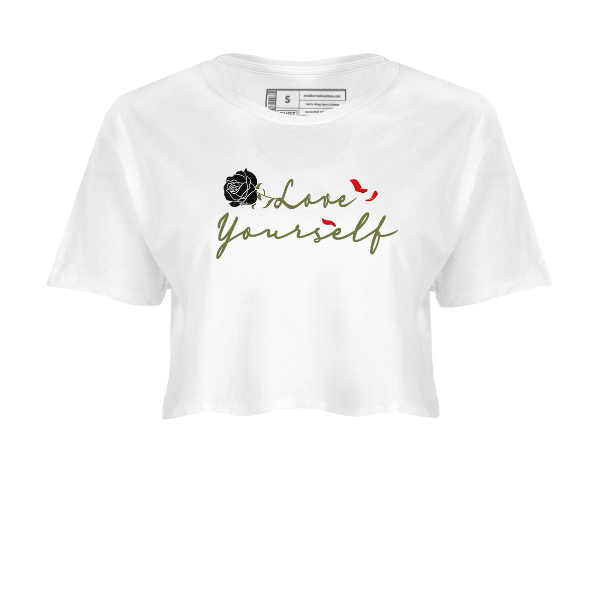 1s Travis Scott Medium Olive shirts to match jordans Love Yourself sneaker match tees Air Jordan 1 Travis Scott Medium Olive match shoes to clothes Drip Gear Zone unisex cotton White 2 crop tee