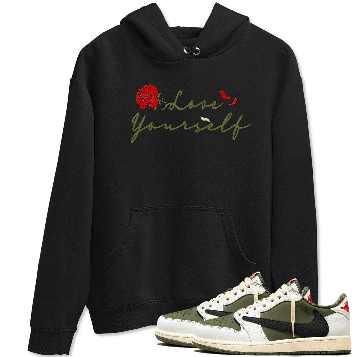 1s Travis Scott Medium Olive shirts to match jordans Love Yourself sneaker match tees Air Jordan 1 Travis Scott Medium Olive match shoes to clothes Drip Gear Zone unisex cotton Black 1 shirts