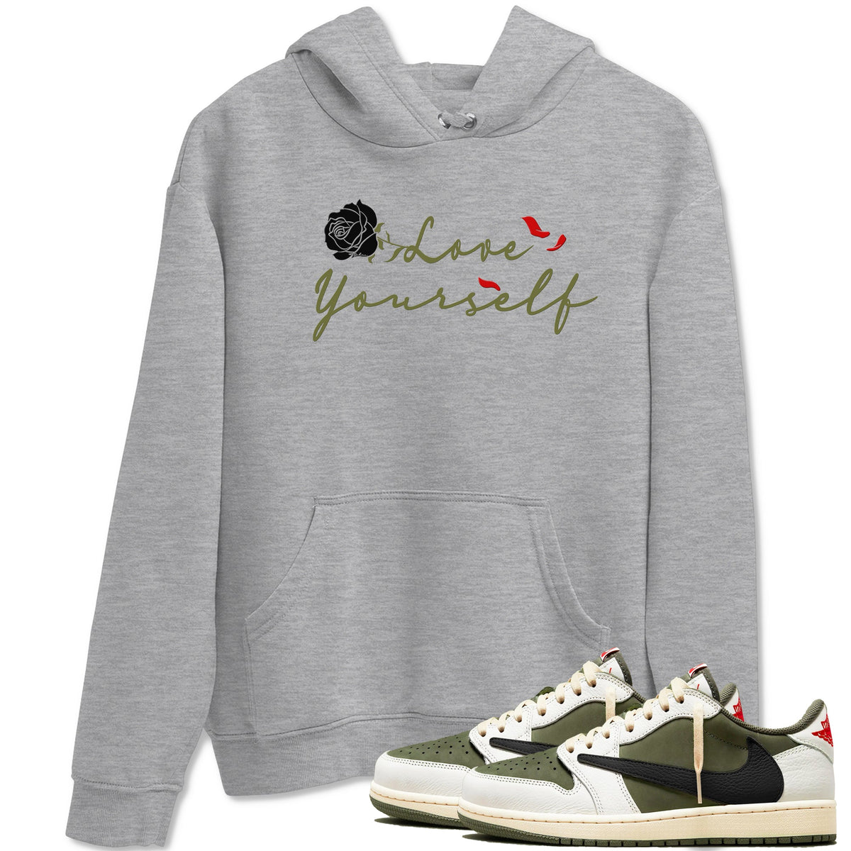 1s Travis Scott Medium Olive shirts to match jordans Love Yourself sneaker match tees Air Jordan 1 Travis Scott Medium Olive match shoes to clothes Drip Gear Zone unisex cotton Heather Grey 1 shirts