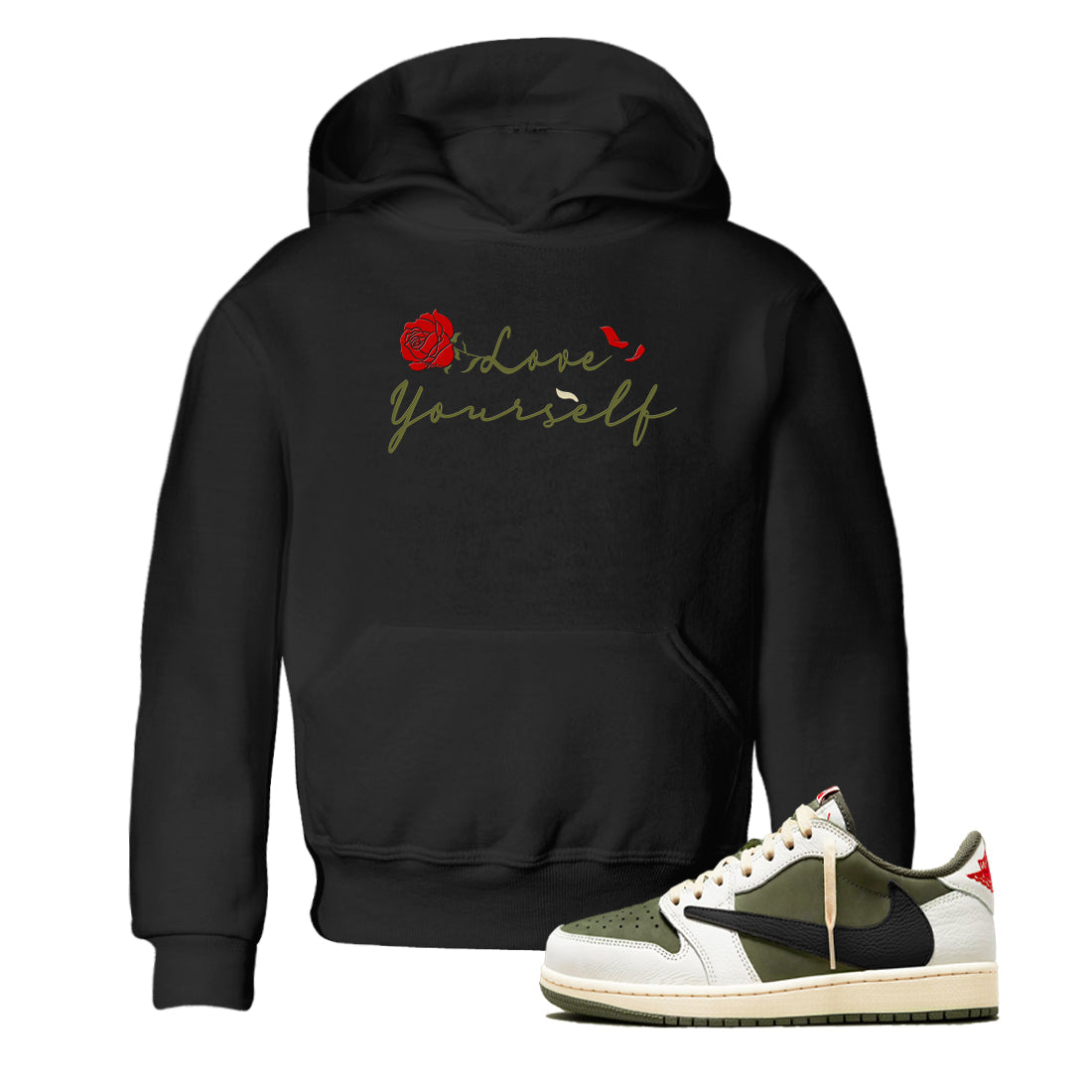 1s Travis Scott Medium Olive shirts to match jordans Love Yourself sneaker match tees Air Jordan 1 Travis Scott Medium Olive match shoes to clothes Drip Gear Zone Youth Baby Black 1 tee
