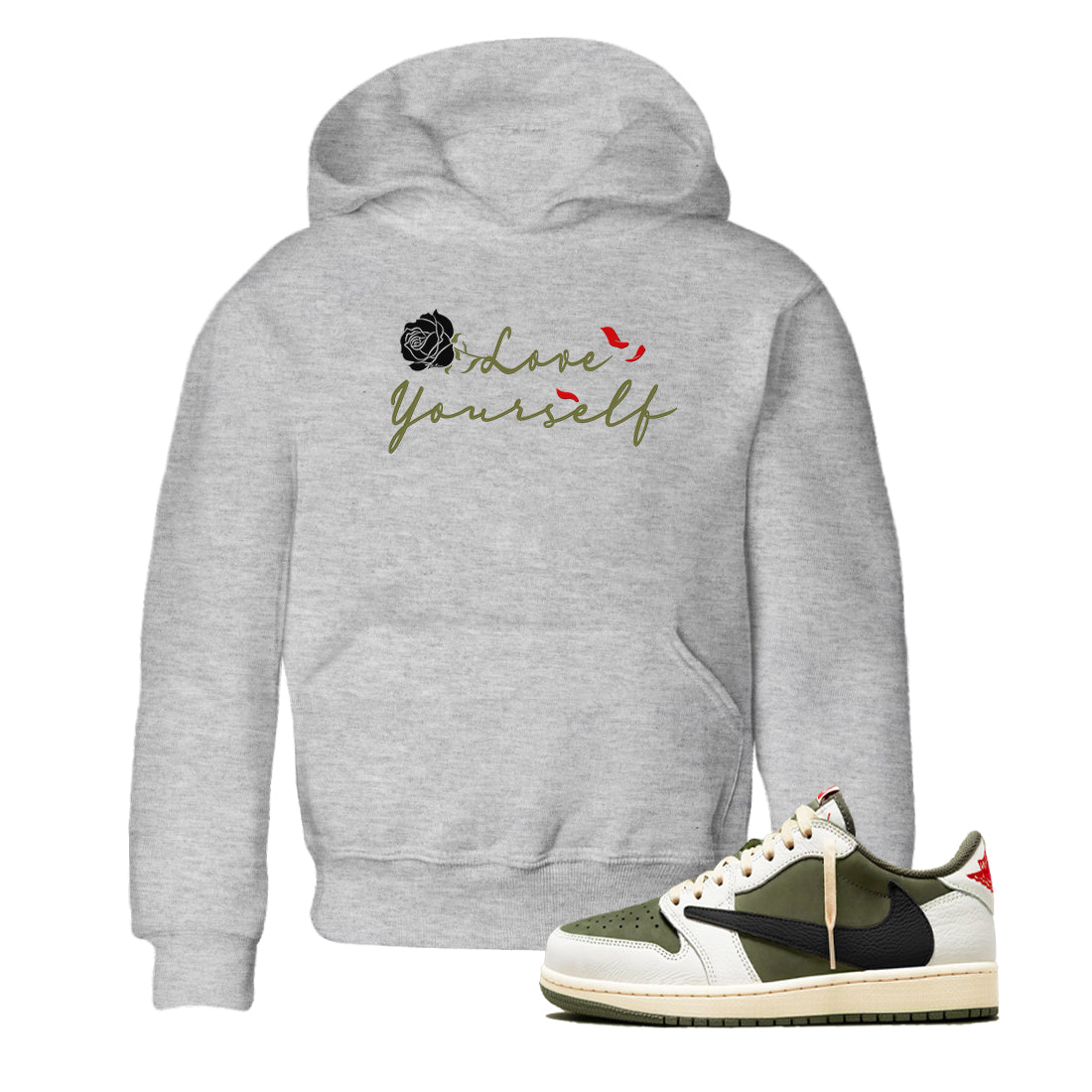 1s Travis Scott Medium Olive shirts to match jordans Love Yourself sneaker match tees Air Jordan 1 Travis Scott Medium Olive match shoes to clothes Drip Gear Zone Youth Baby Heather Grey 1 tee