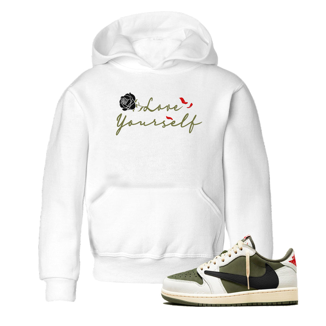 1s Travis Scott Medium Olive shirts to match jordans Love Yourself sneaker match tees Air Jordan 1 Travis Scott Medium Olive match shoes to clothes Drip Gear Zone Youth Baby White 1 tee