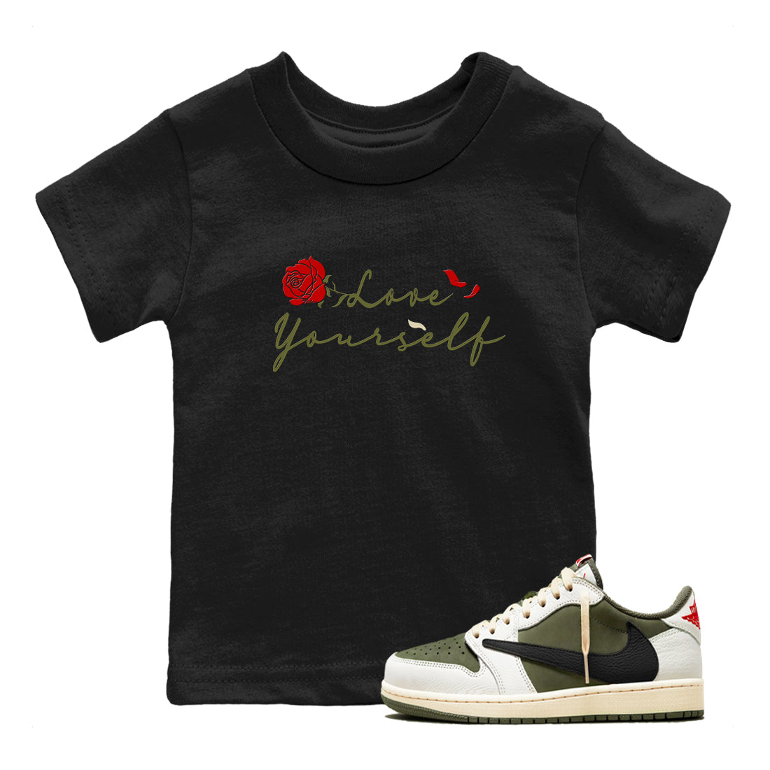 1s Travis Scott Medium Olive shirts to match jordans Love Yourself sneaker match tees Air Jordan 1 Travis Scott Medium Olive match shoes to clothes Drip Gear Zone Youth Baby Black 1 tee