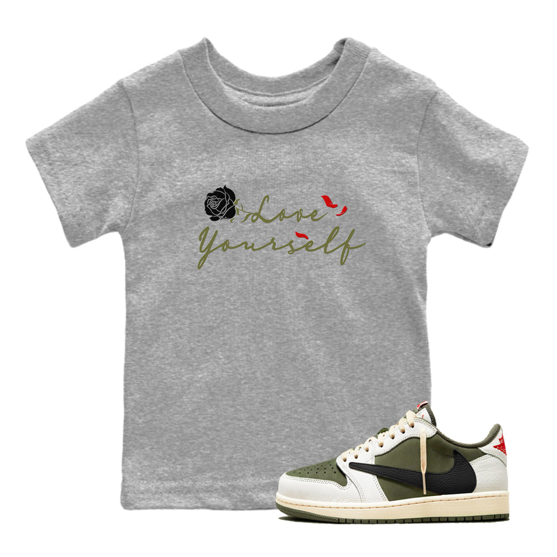 1s Travis Scott Medium Olive shirts to match jordans Love Yourself sneaker match tees Air Jordan 1 Travis Scott Medium Olive match shoes to clothes Drip Gear Zone Youth Baby Heather Grey 1 tee