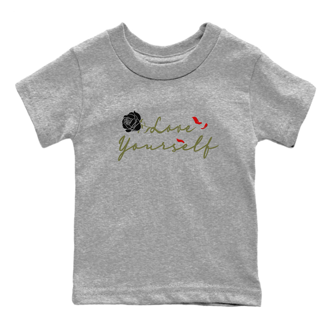 1s Travis Scott Medium Olive shirts to match jordans Love Yourself sneaker match tees Air Jordan 1 Travis Scott Medium Olive match shoes to clothes Drip Gear Zone Youth Baby Heather Grey 2 tee