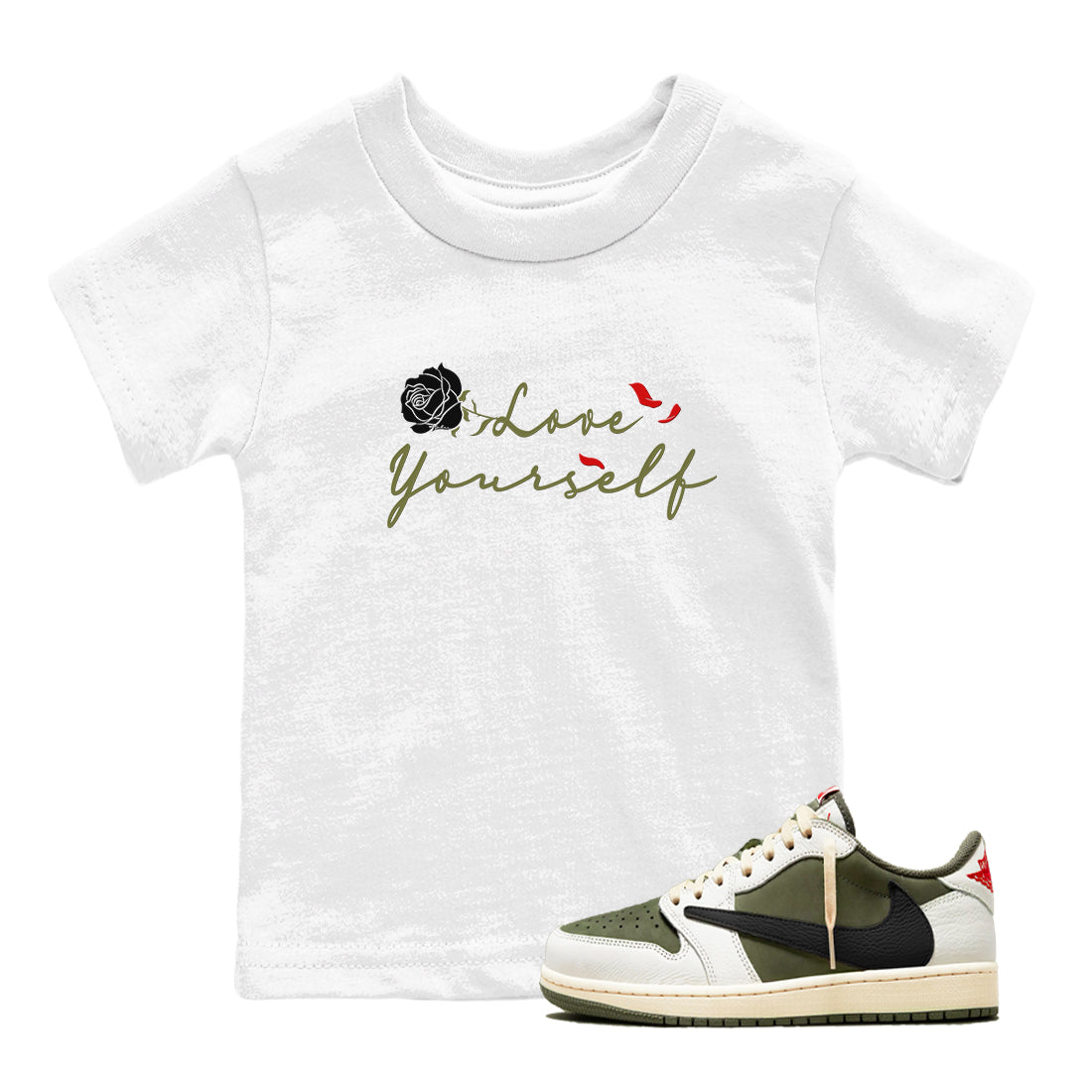 1s Travis Scott Medium Olive shirts to match jordans Love Yourself sneaker match tees Air Jordan 1 Travis Scott Medium Olive match shoes to clothes Drip Gear Zone Youth Baby White 1 tee