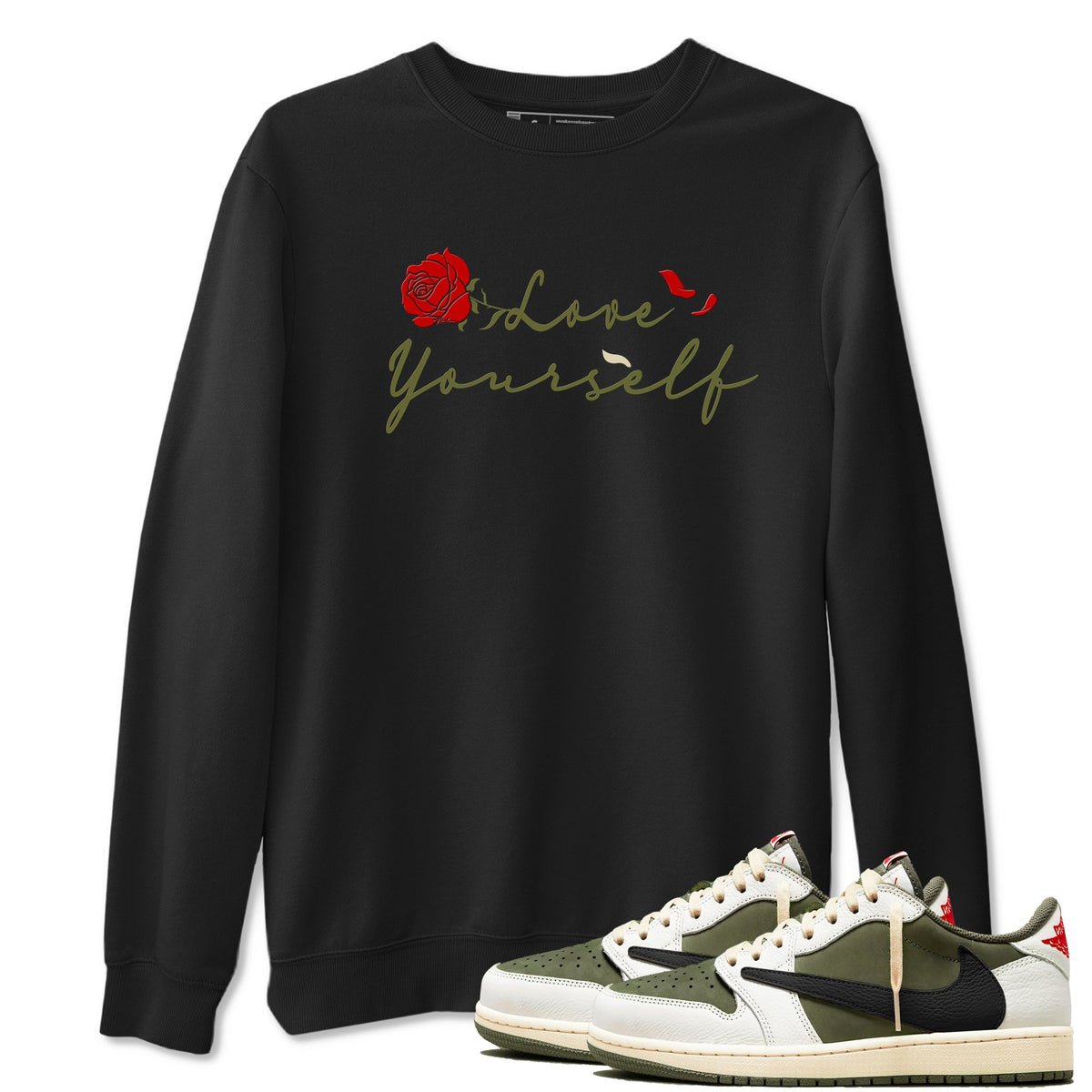 1s Travis Scott Medium Olive shirts to match jordans Love Yourself sneaker match tees Air Jordan 1 Travis Scott Medium Olive match shoes to clothes Drip Gear Zone unisex cotton Black 1 shirts