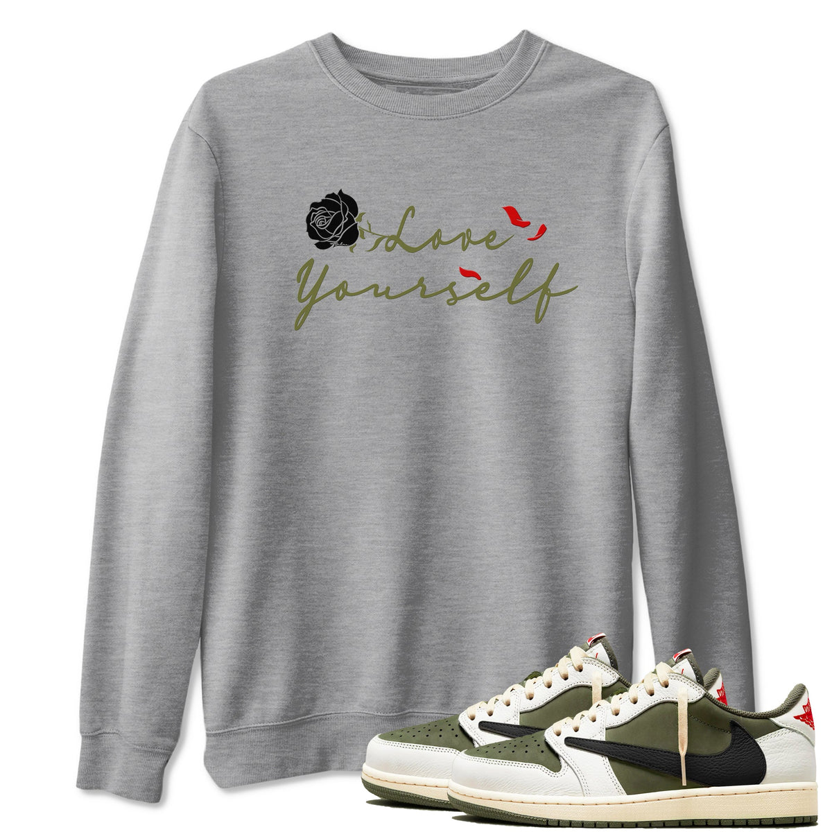 1s Travis Scott Medium Olive shirts to match jordans Love Yourself sneaker match tees Air Jordan 1 Travis Scott Medium Olive match shoes to clothes Drip Gear Zone unisex cotton Heather Grey 1 shirts