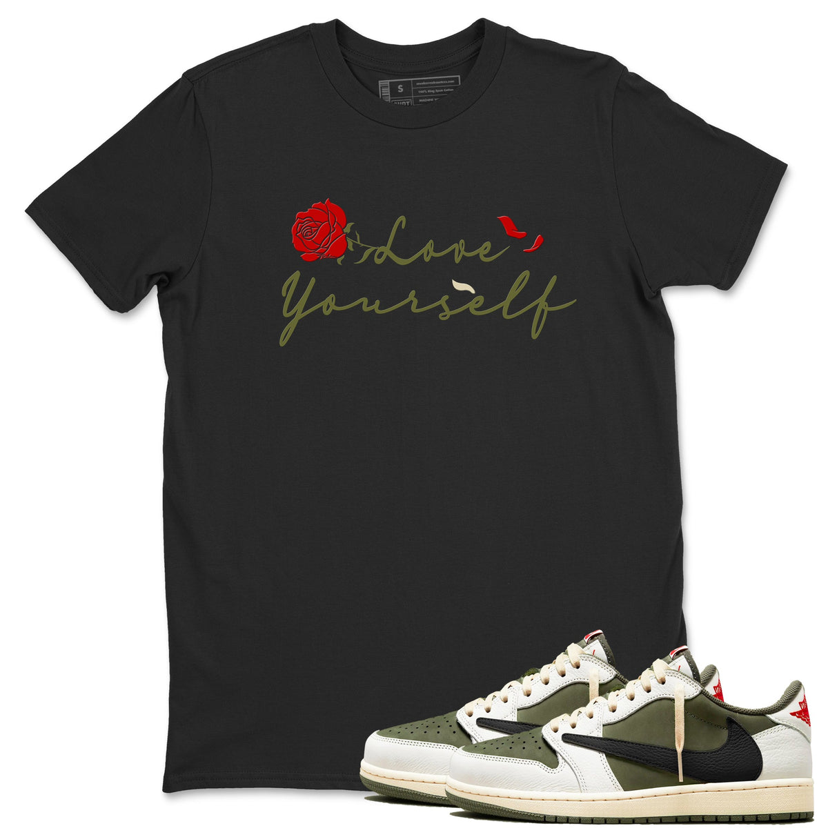 1s Travis Scott Medium Olive shirts to match jordans Love Yourself sneaker match tees Air Jordan 1 Travis Scott Medium Olive match shoes to clothes Drip Gear Zone unisex cotton Black 1 shirts