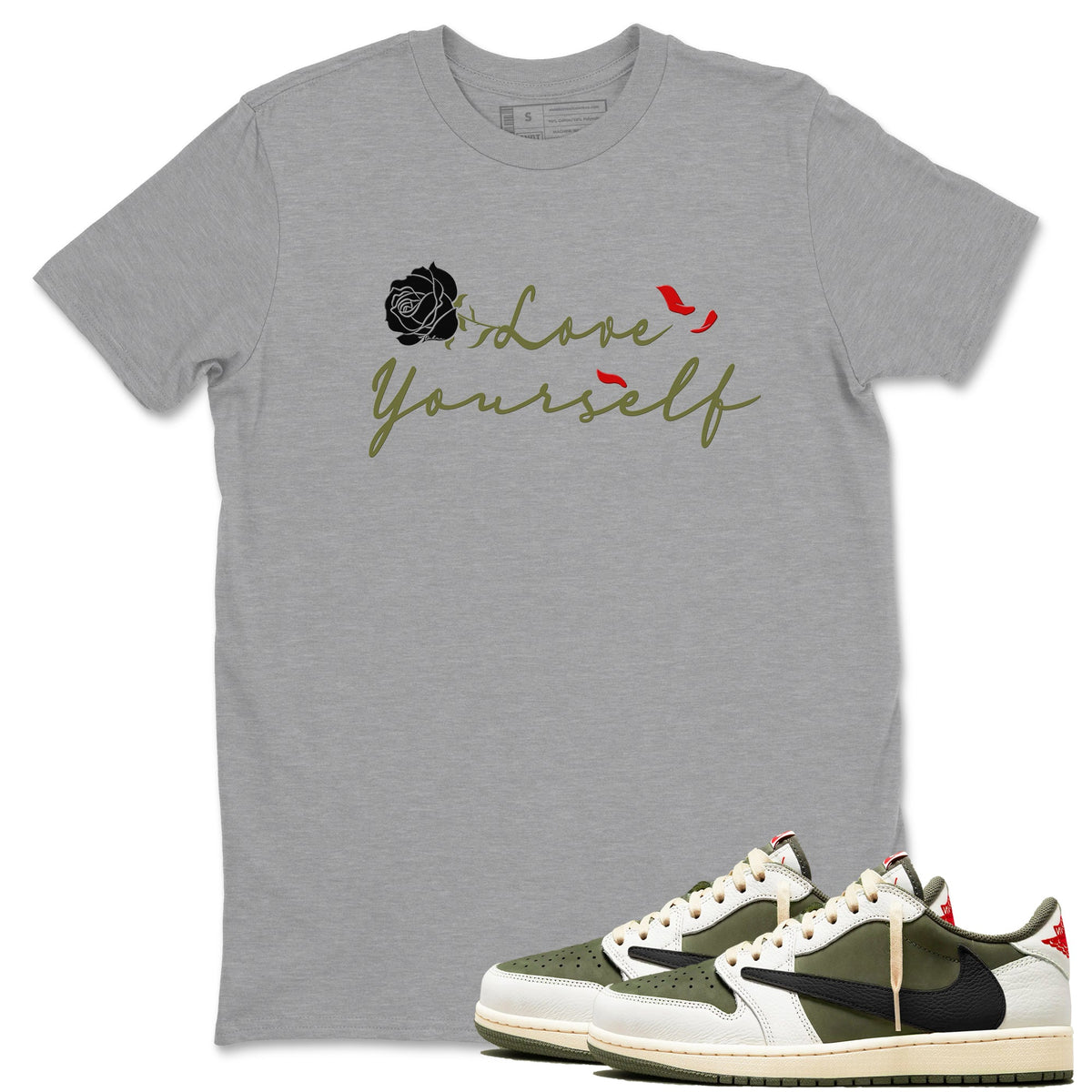 1s Travis Scott Medium Olive shirts to match jordans Love Yourself sneaker match tees Air Jordan 1 Travis Scott Medium Olive match shoes to clothes Drip Gear Zone unisex cotton Heather Grey 1 shirts