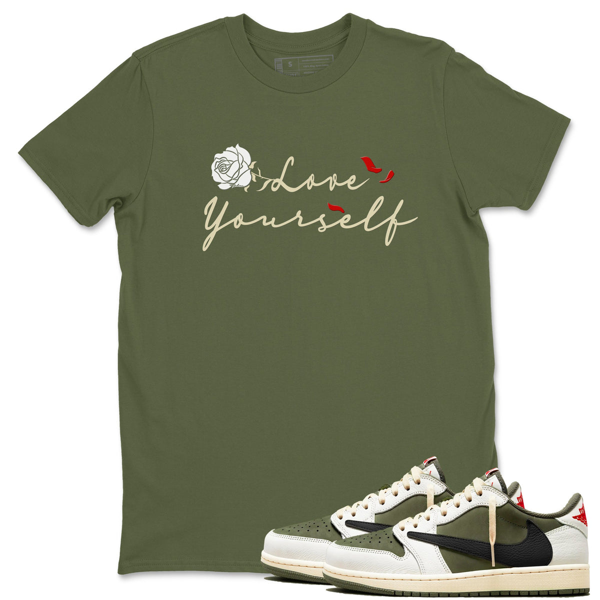 1s Travis Scott Medium Olive shirts to match jordans Love Yourself sneaker match tees Air Jordan 1 Travis Scott Medium Olive match shoes to clothes Drip Gear Zone unisex cotton Military Green 1 shirts