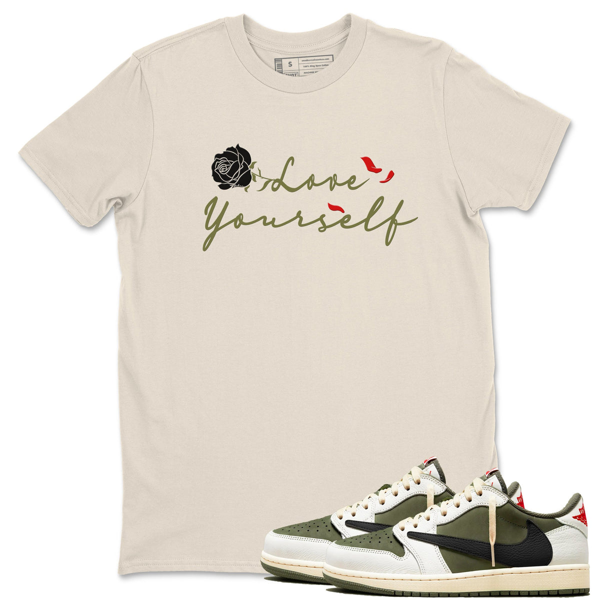 1s Travis Scott Medium Olive shirts to match jordans Love Yourself sneaker match tees Air Jordan 1 Travis Scott Medium Olive match shoes to clothes Drip Gear Zone unisex cotton Natural 1 shirts